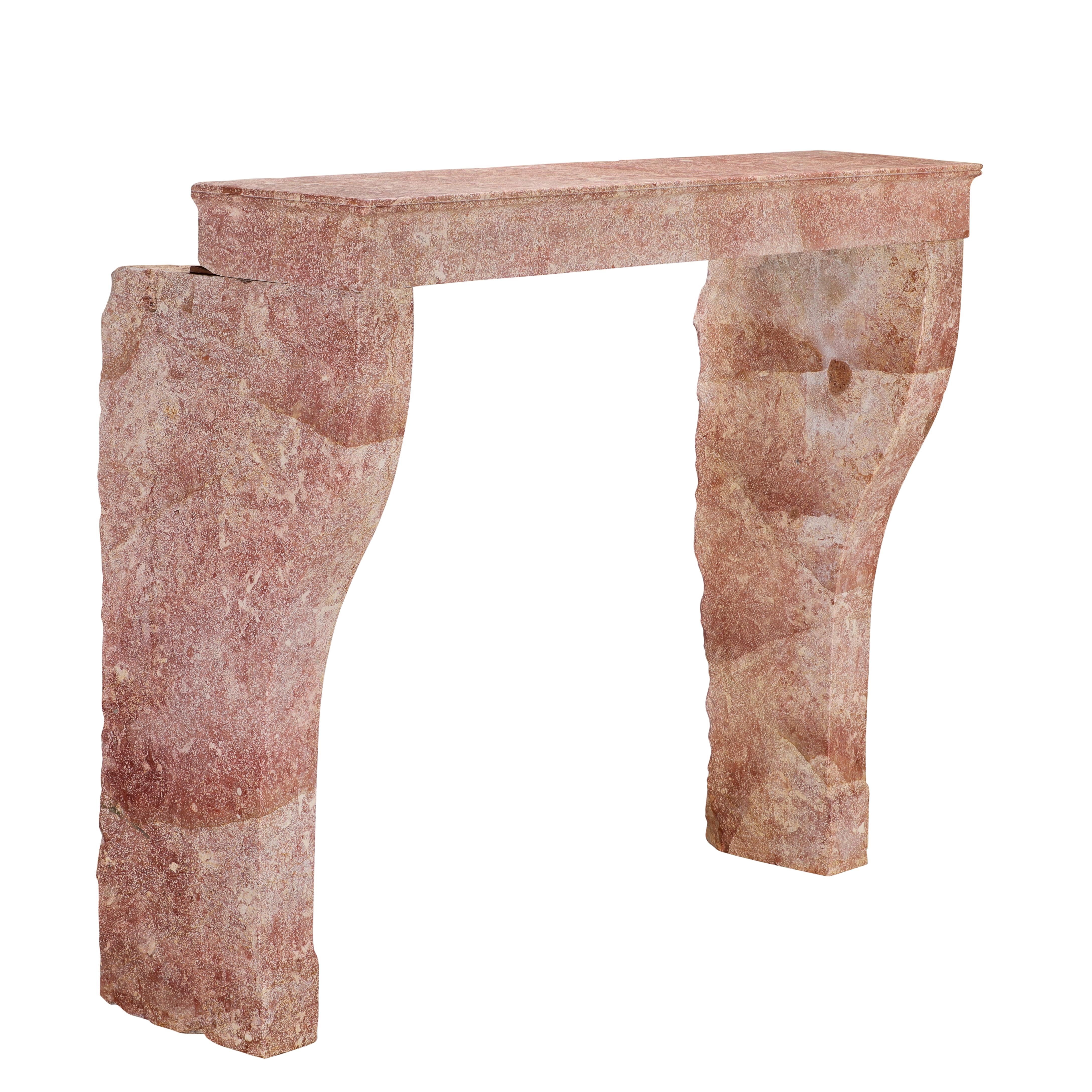 Tall Antique Rose-Pink Marble Stone Fireplace  19th C. Burgundy Château Stone For Sale 9