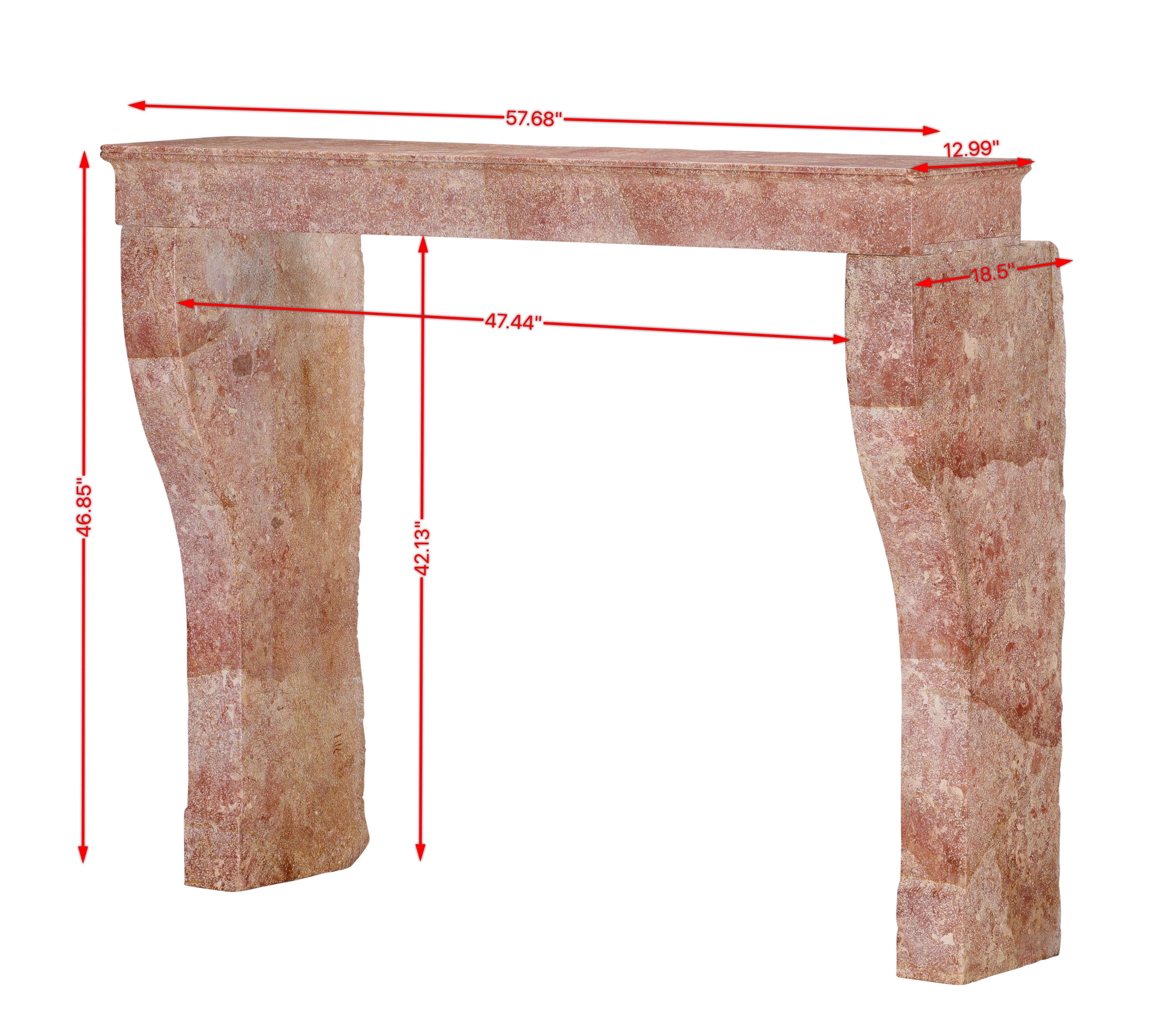 Louis Philippe Tall Antique Rose-Pink Marble Stone Fireplace  19th C. Burgundy Château Stone For Sale