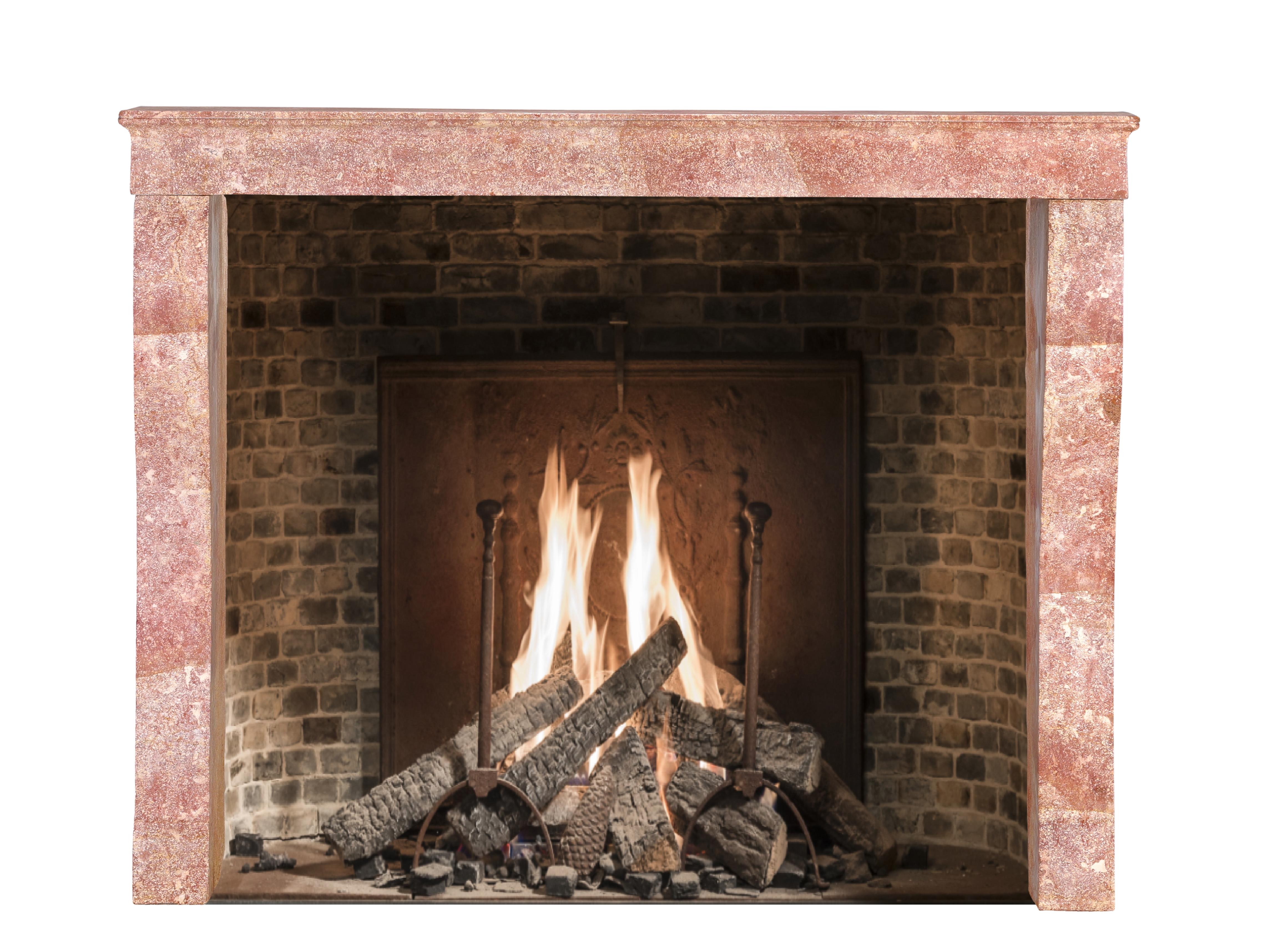 French Tall Antique Rose-Pink Marble Stone Fireplace  19th C. Burgundy Château Stone For Sale
