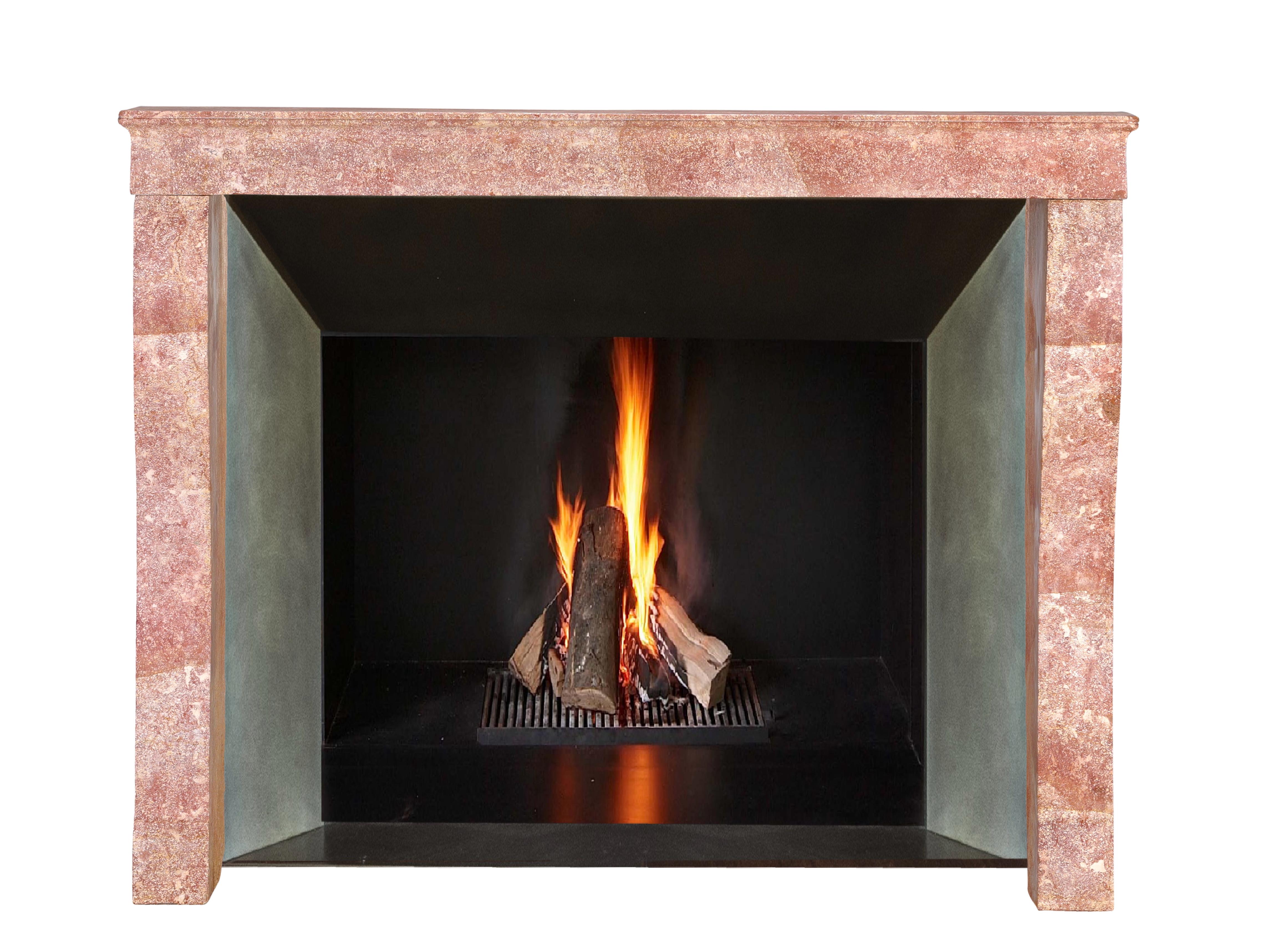 Hand-Carved Tall Antique Rose-Pink Marble Stone Fireplace  19th C. Burgundy Château Stone For Sale