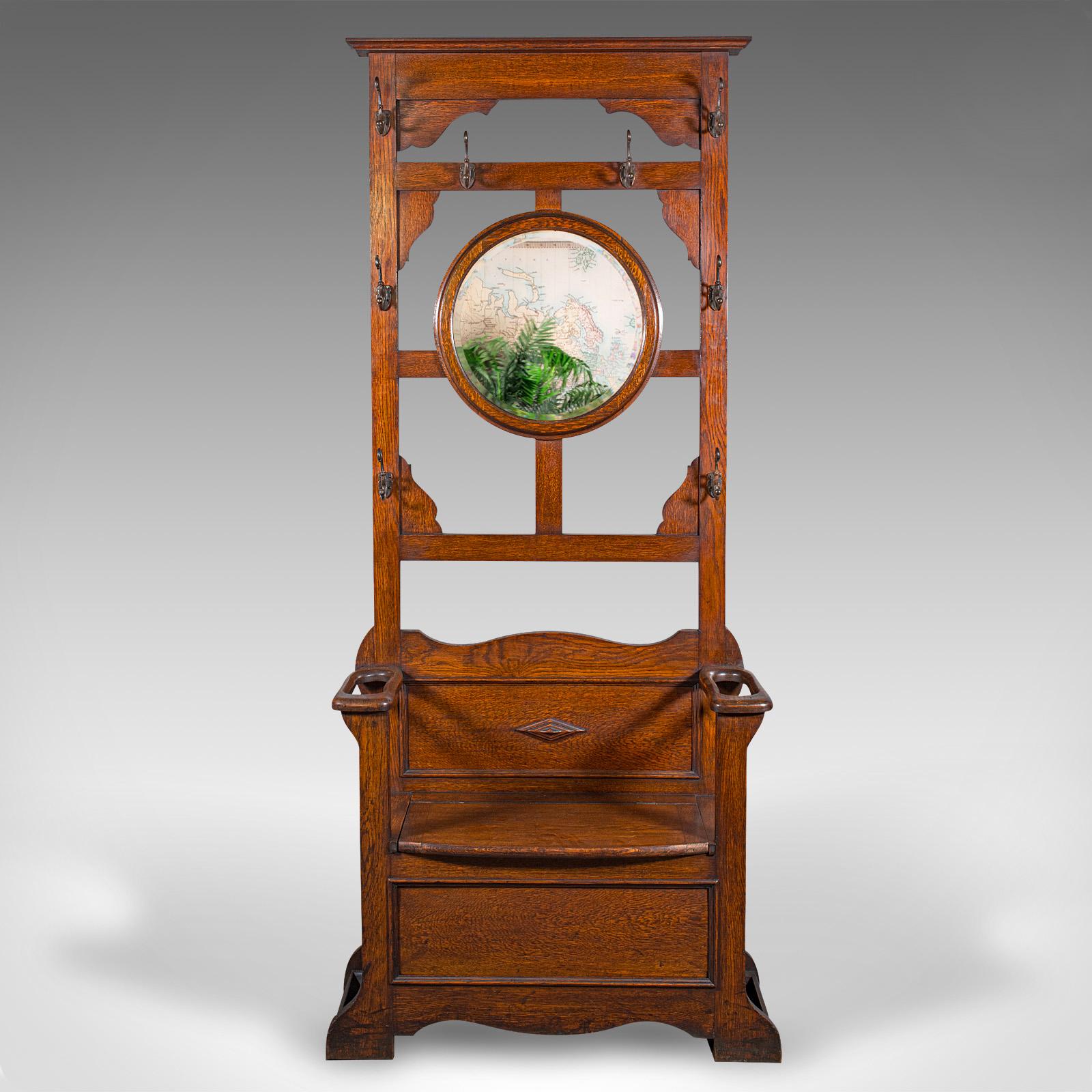 British Tall Antique Seated Coat Stand, English Oak, Hall Rack, Velvet Mirror, Edwardian