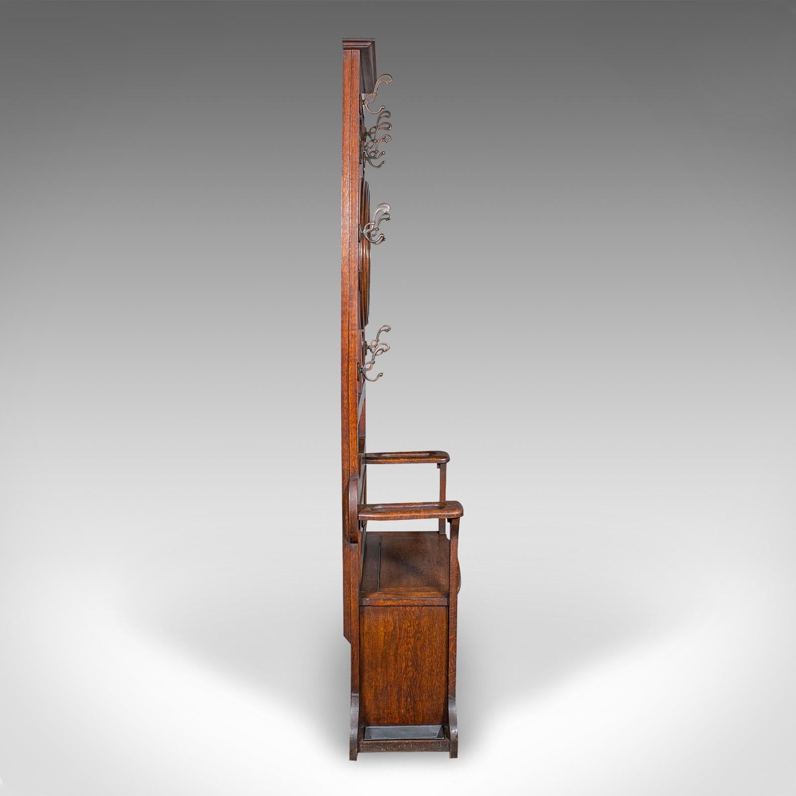 Tall Antique Seated Coat Stand, English Oak, Hall Rack, Velvet Mirror, Edwardian In Good Condition In Hele, Devon, GB