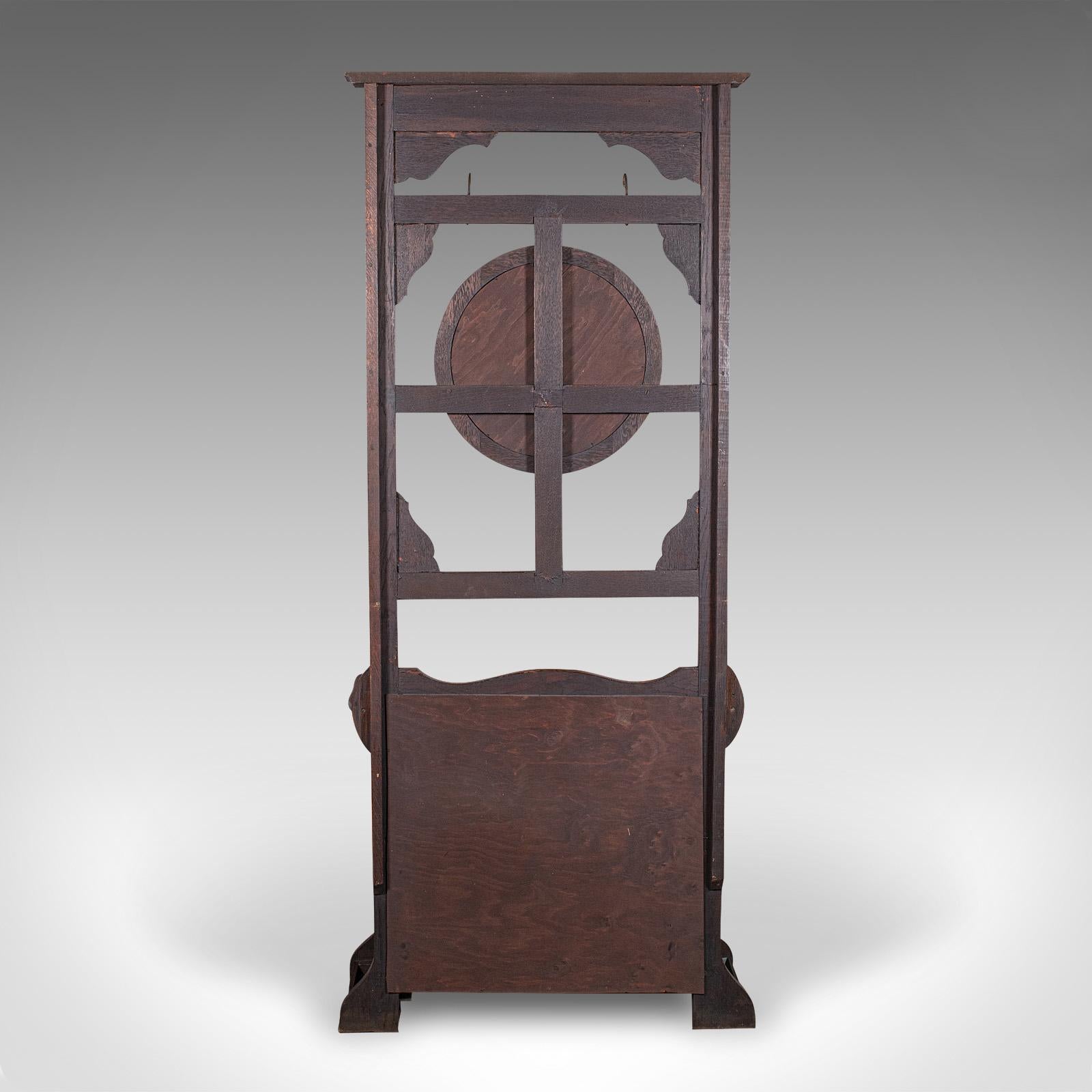 20th Century Tall Antique Seated Coat Stand, English Oak, Hall Rack, Velvet Mirror, Edwardian