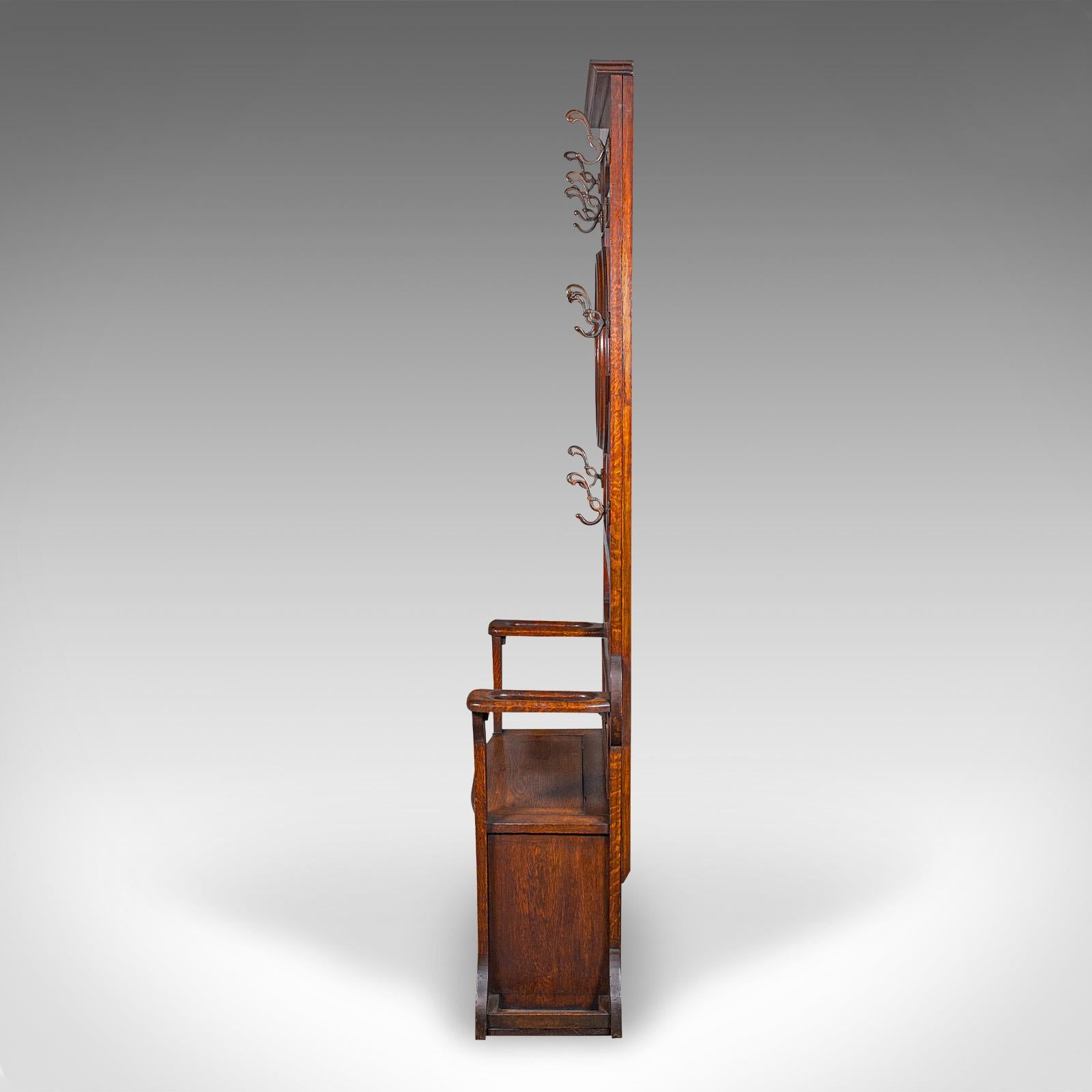 Tall Antique Seated Coat Stand, English Oak, Hall Rack, Velvet Mirror, Edwardian 1