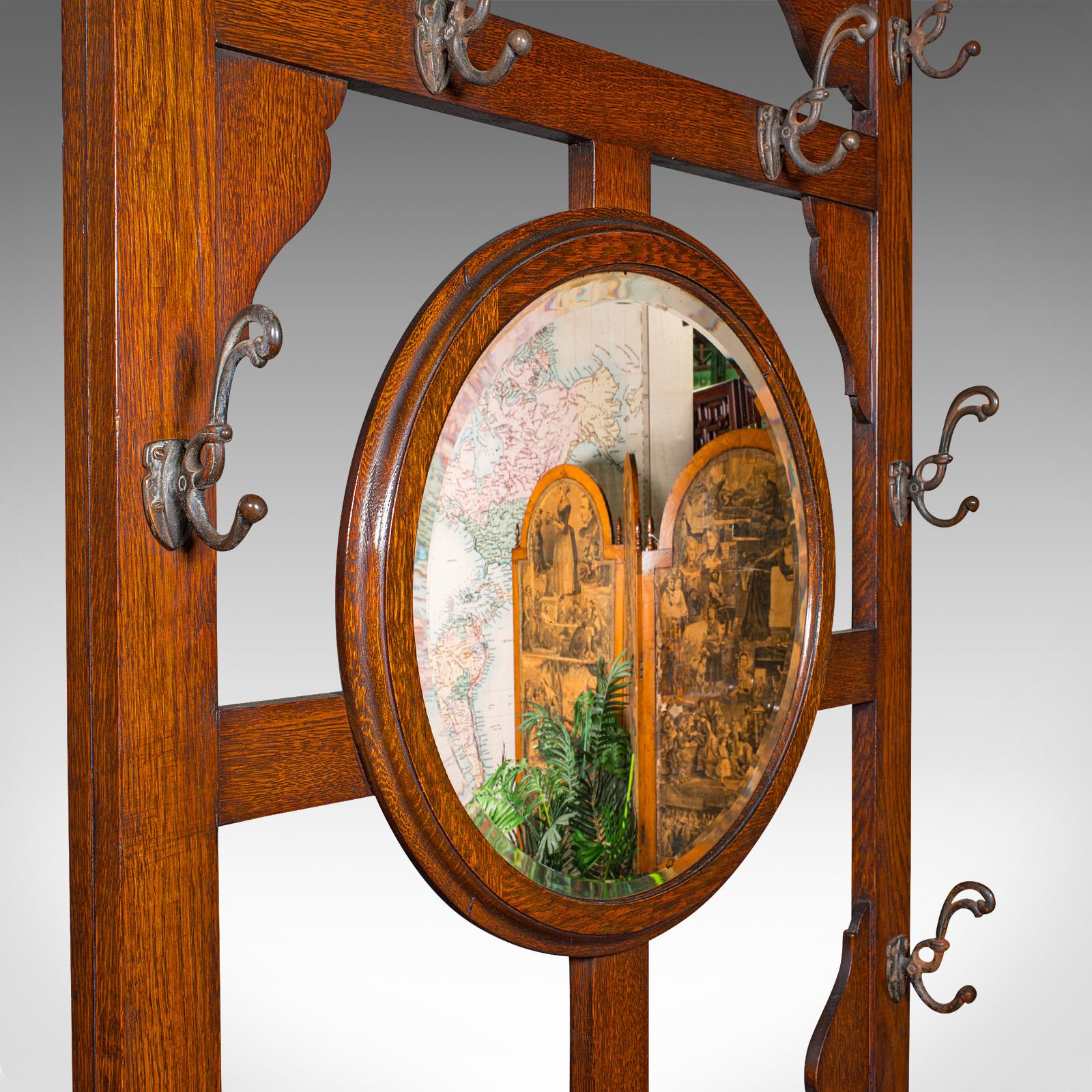 Tall Antique Seated Coat Stand, English Oak, Hall Rack, Velvet Mirror, Edwardian 2
