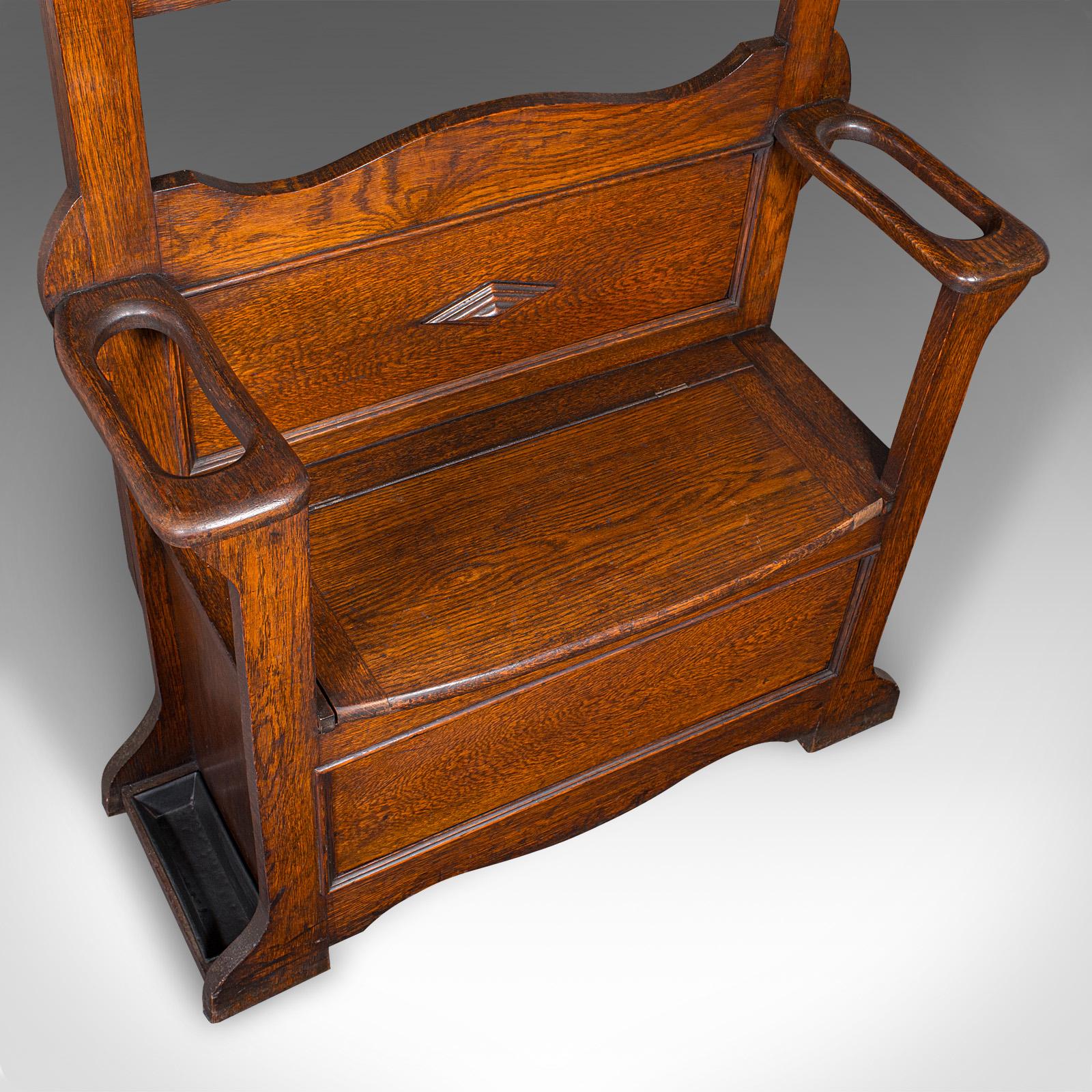 Tall Antique Seated Coat Stand, English Oak, Hall Rack, Velvet Mirror, Edwardian 3