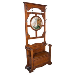 Tall Antique Seated Coat Stand, English Oak, Hall Rack, Velvet Mirror, Edwardian
