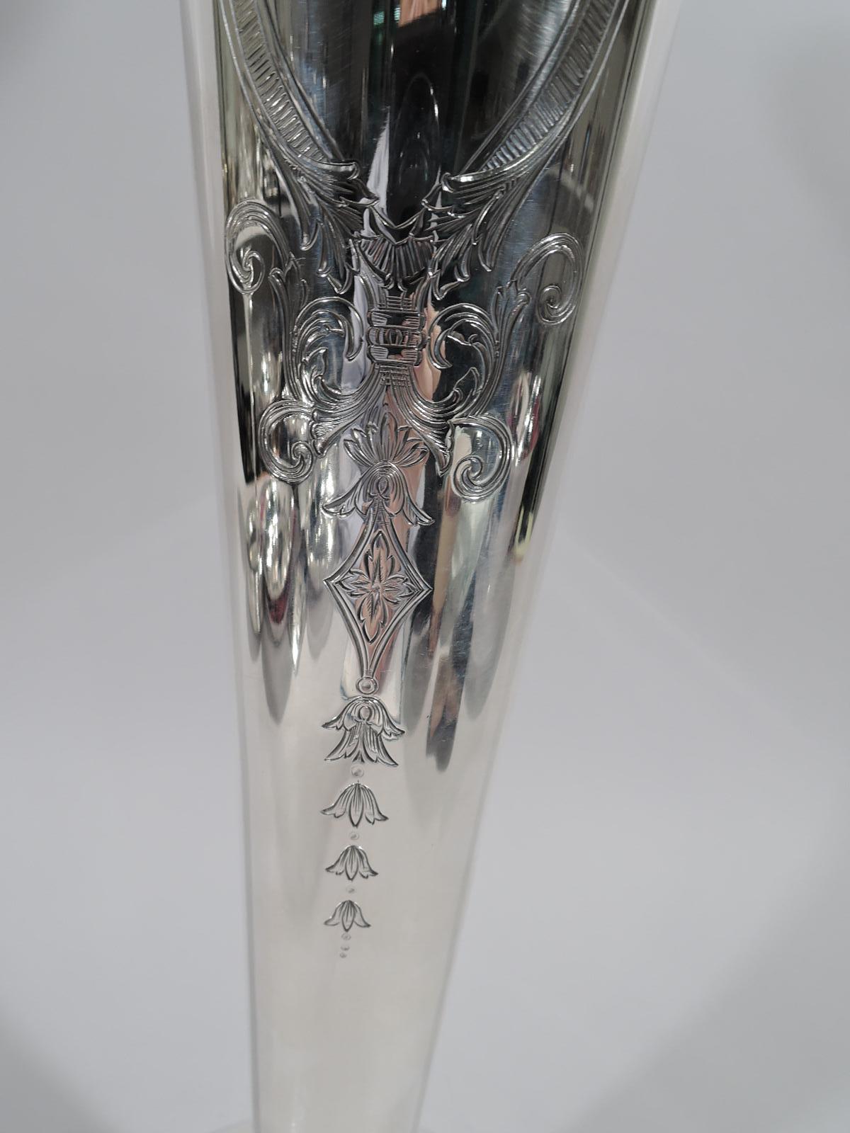 Tall Antique Tiffany Sterling Silver Centerpiece Trumpet Vase In Excellent Condition In New York, NY