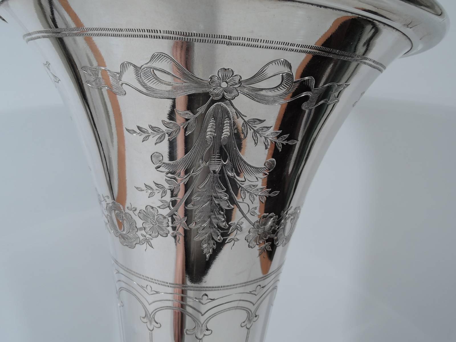 Tall Antique Whiting Edwardian Sterling Silver Trumpet Vase In Excellent Condition In New York, NY