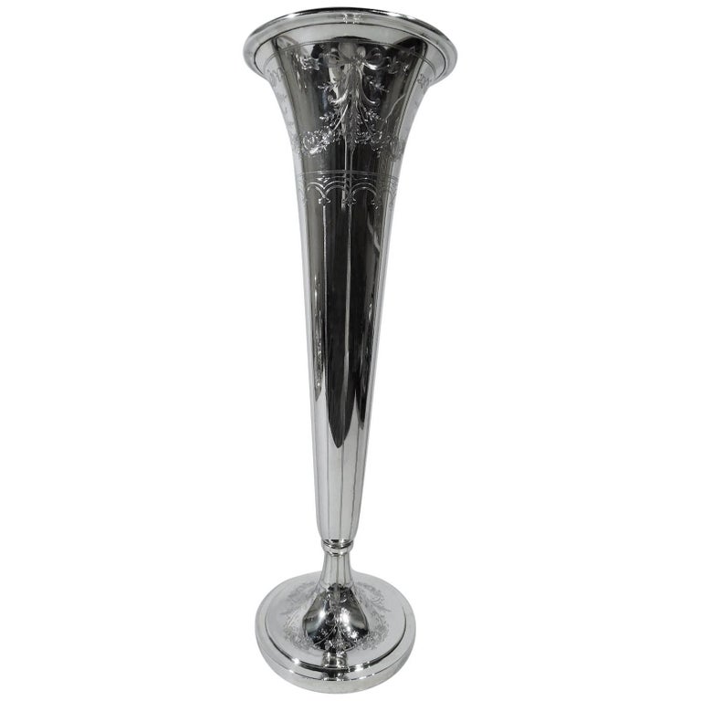 Tall Antique Whiting Edwardian Sterling Silver Trumpet Vase For Sale at
