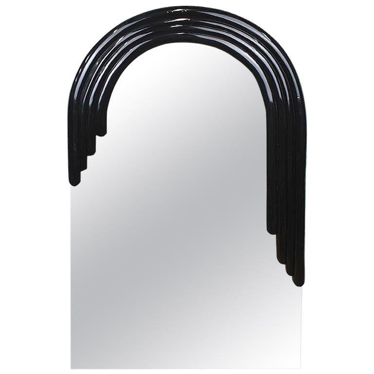 Tall Arched Banded Black Art Deco “Monarch” Mirror by Vanguard Studios