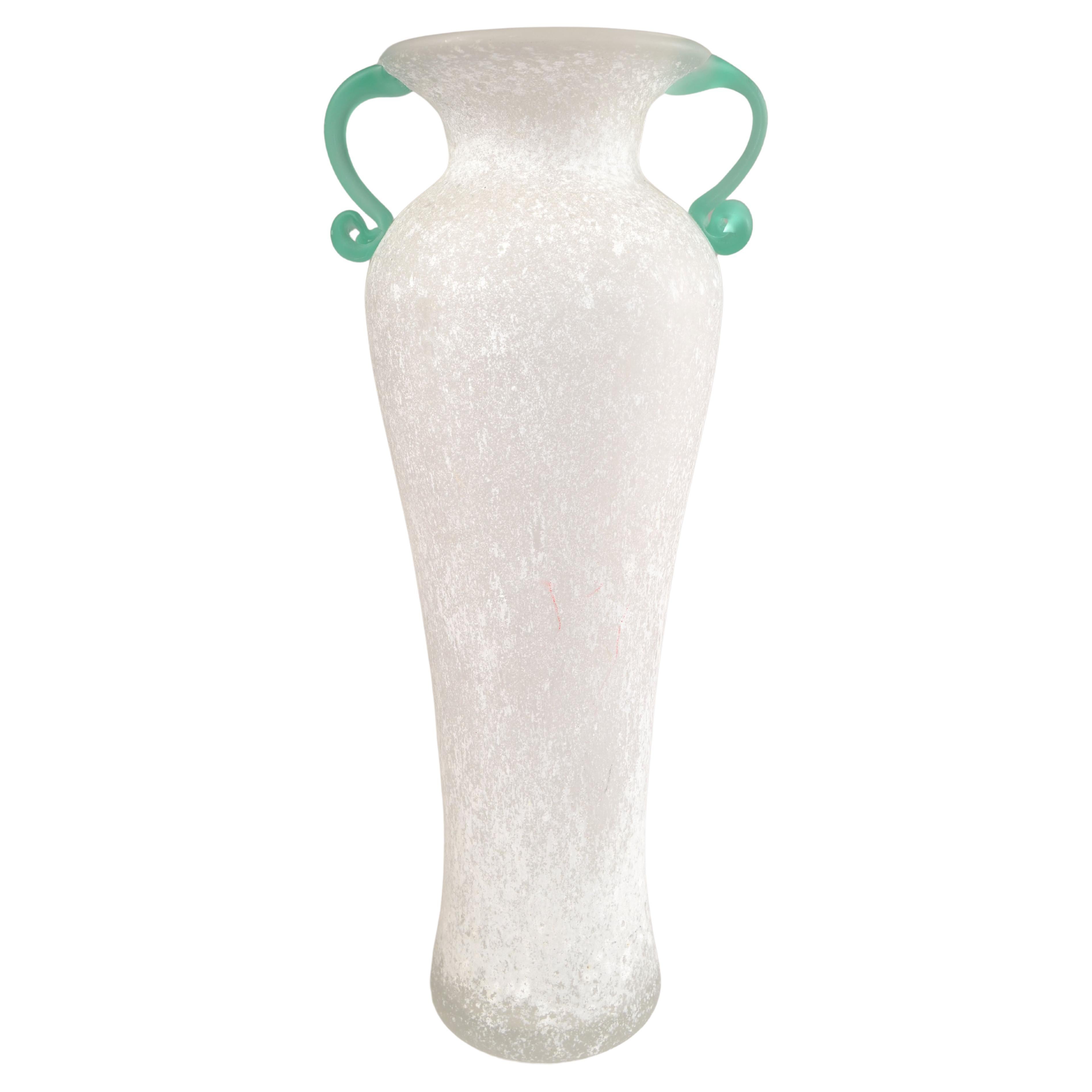 Tall Archimede Seguso Scavo Bianco Flower Vase Italy White & Mint Green Handles  For Sale