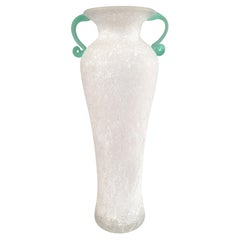 Retro Tall Archimede Seguso Scavo Bianco Flower Vase Italy White & Mint Green Handles 