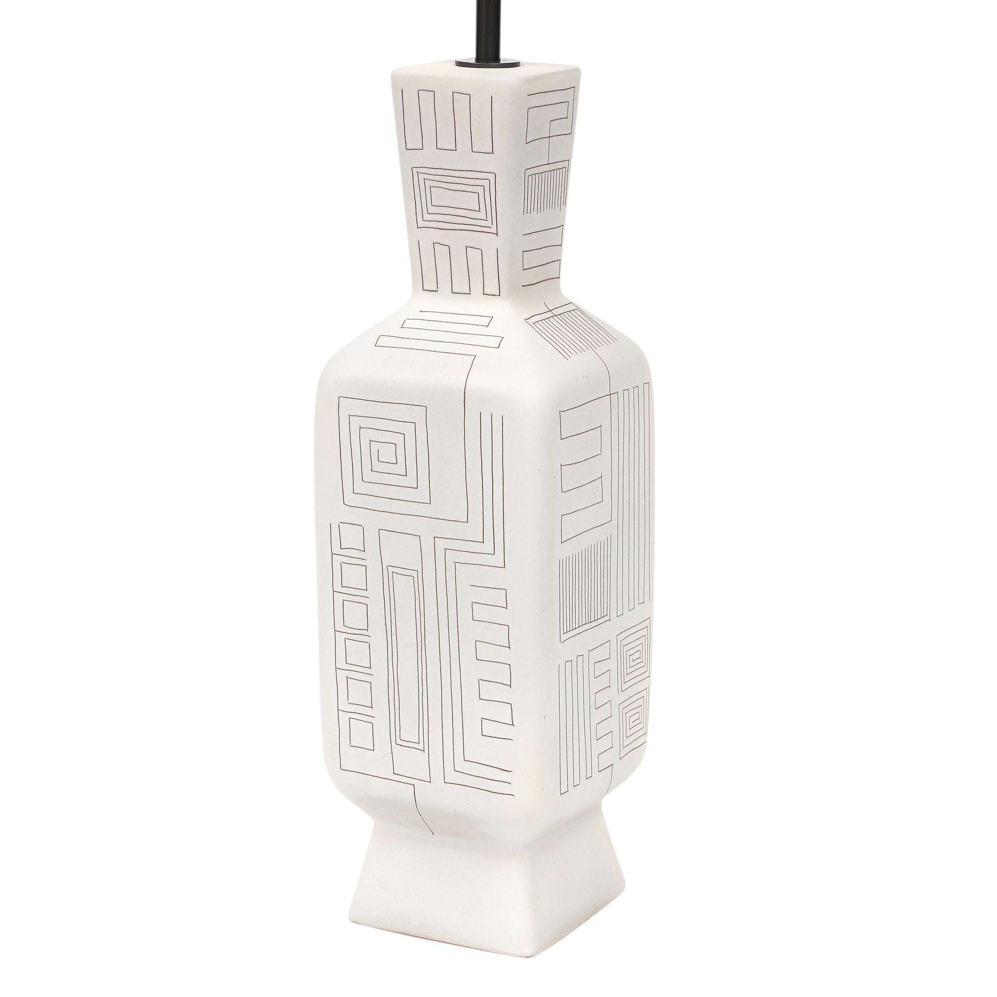 Tall Architectural Table Lamp, Ceramic, Incised, Abstract, Geometric For Sale 9