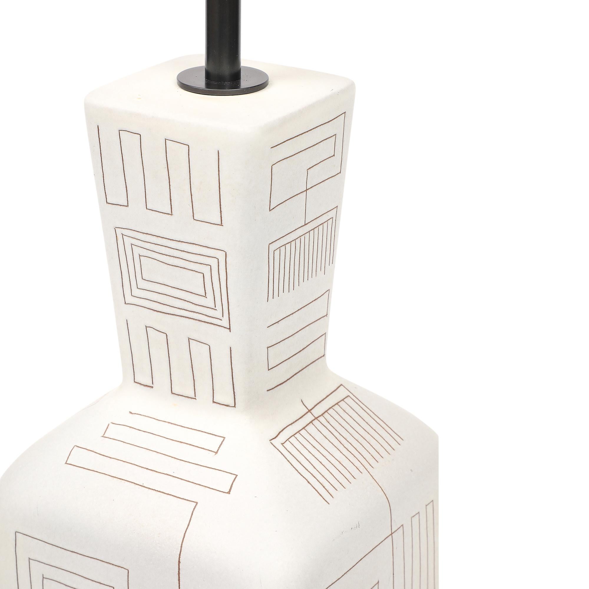 Tall Architectural Table Lamp, Ceramic, Incised, Abstract, Geometric For Sale 10