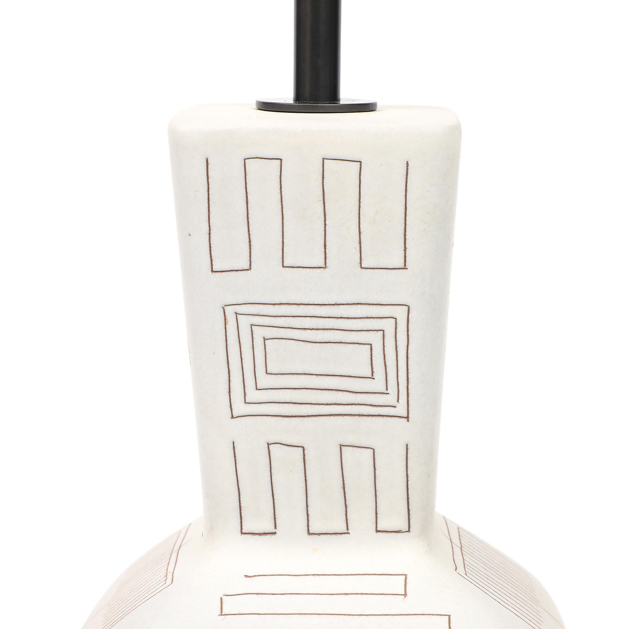 American Tall Architectural Table Lamp, Ceramic, Incised, Abstract, Geometric For Sale