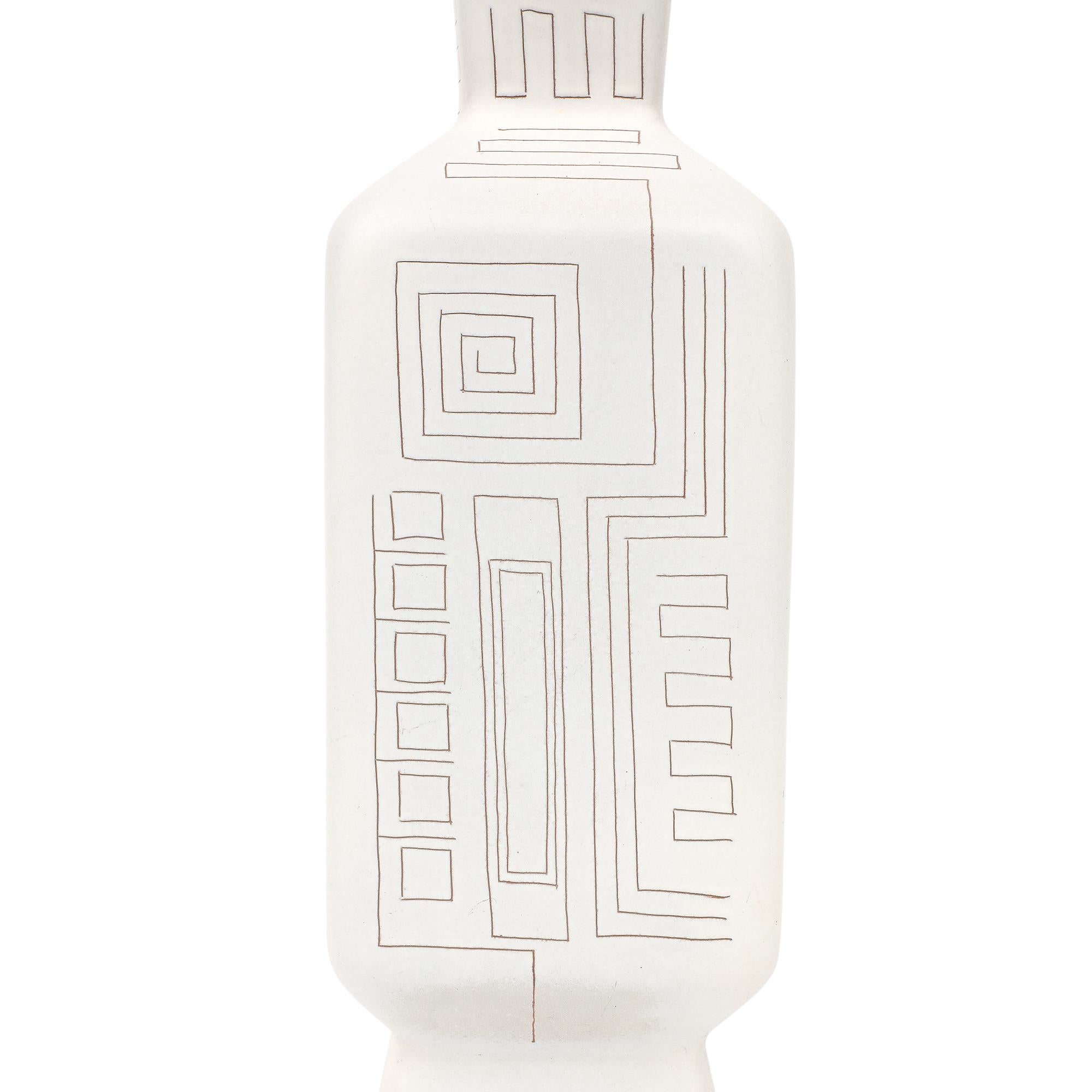 Glazed Tall Architectural Table Lamp, Ceramic, Incised, Abstract, Geometric For Sale