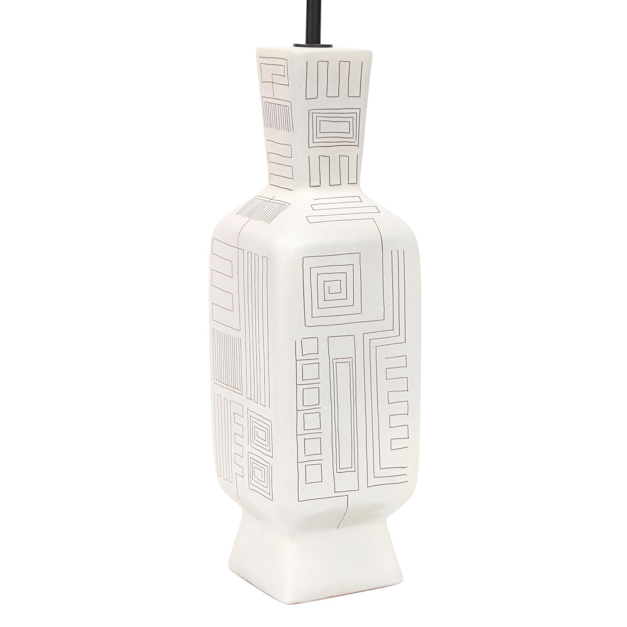 Tall Architectural Table Lamp, Ceramic, Incised, Abstract, Geometric For Sale 1