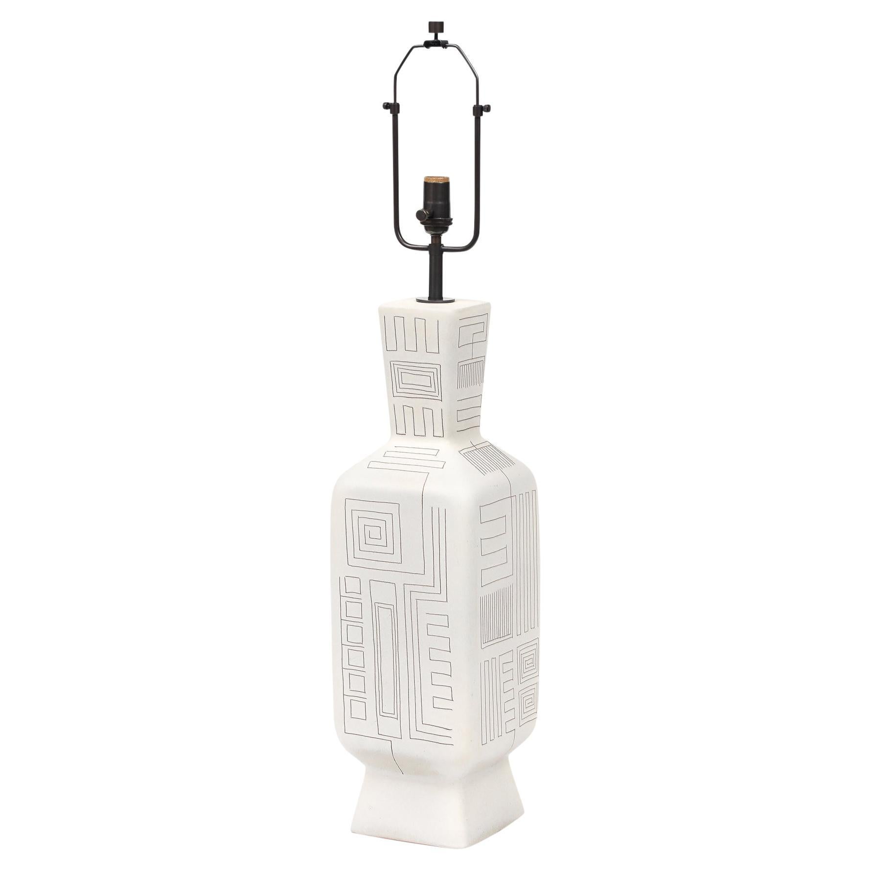 Tall Architectural Table Lamp, Ceramic, Incised, Abstract, Geometric For Sale