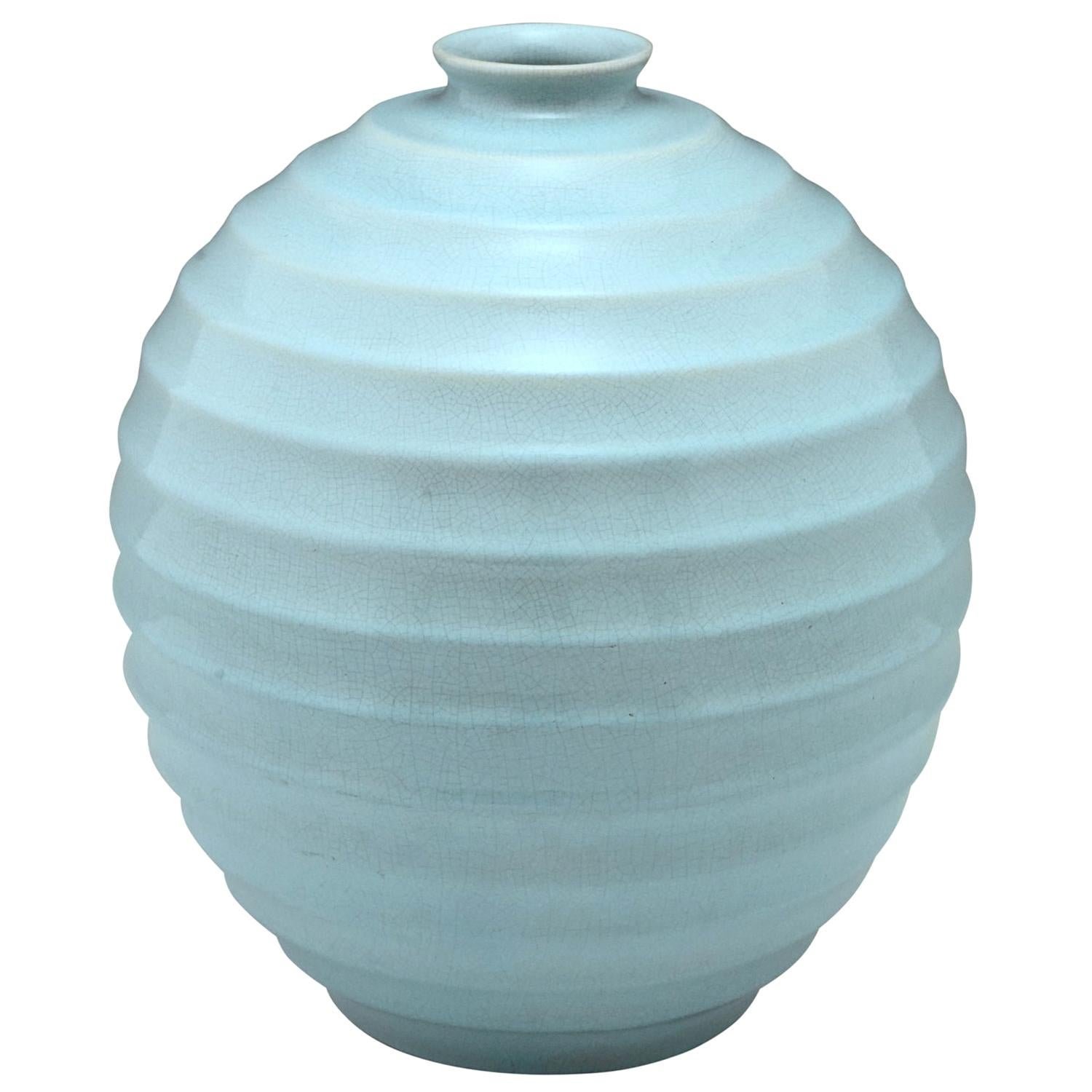 Tall Art Deco Ceramic Spherical Vase Light Blue Villeroy & Boch 1930