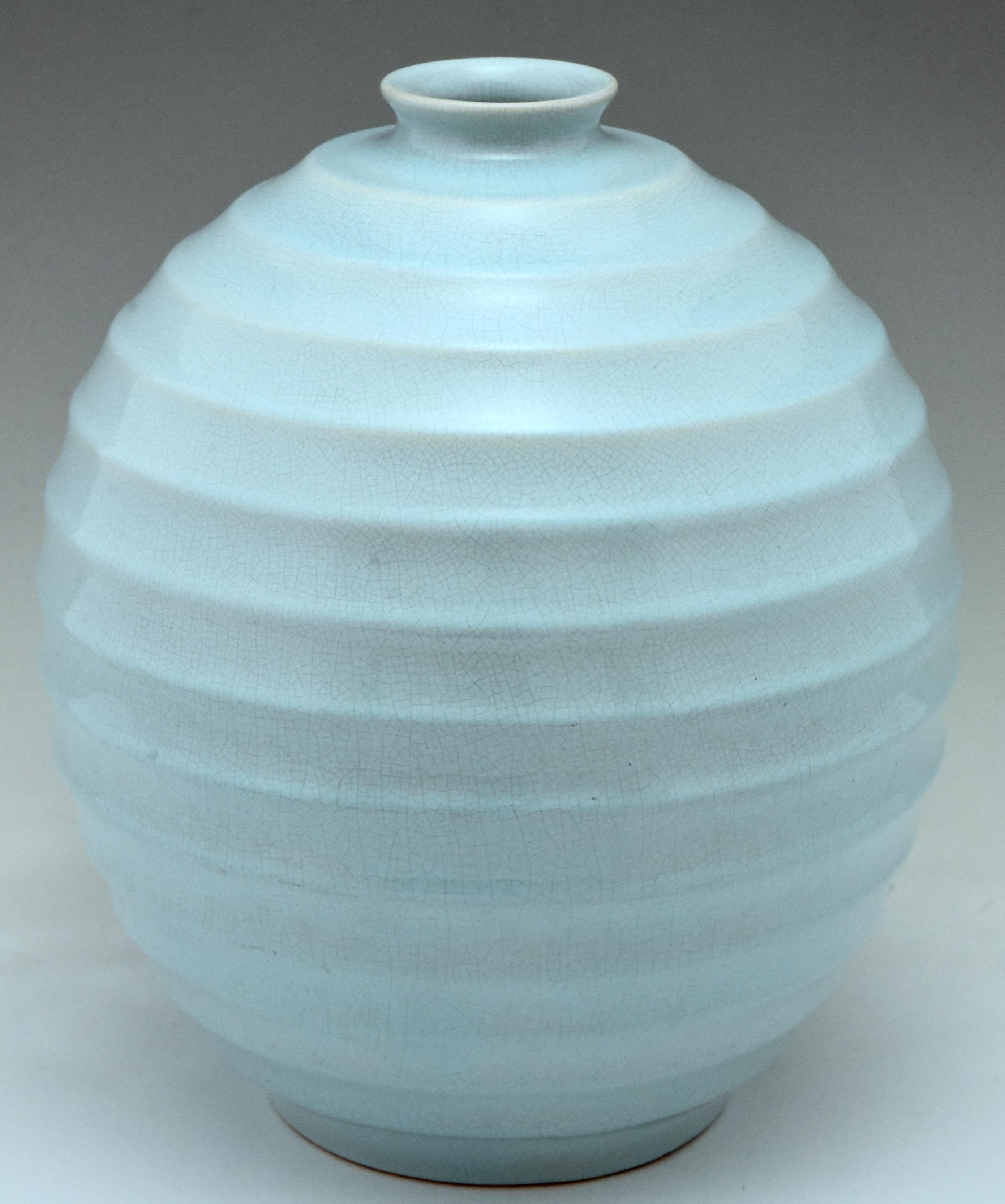 Luxembourgish Tall Art Deco Ceramic Spherical Vase Light Blue Villeroy & Boch 1930