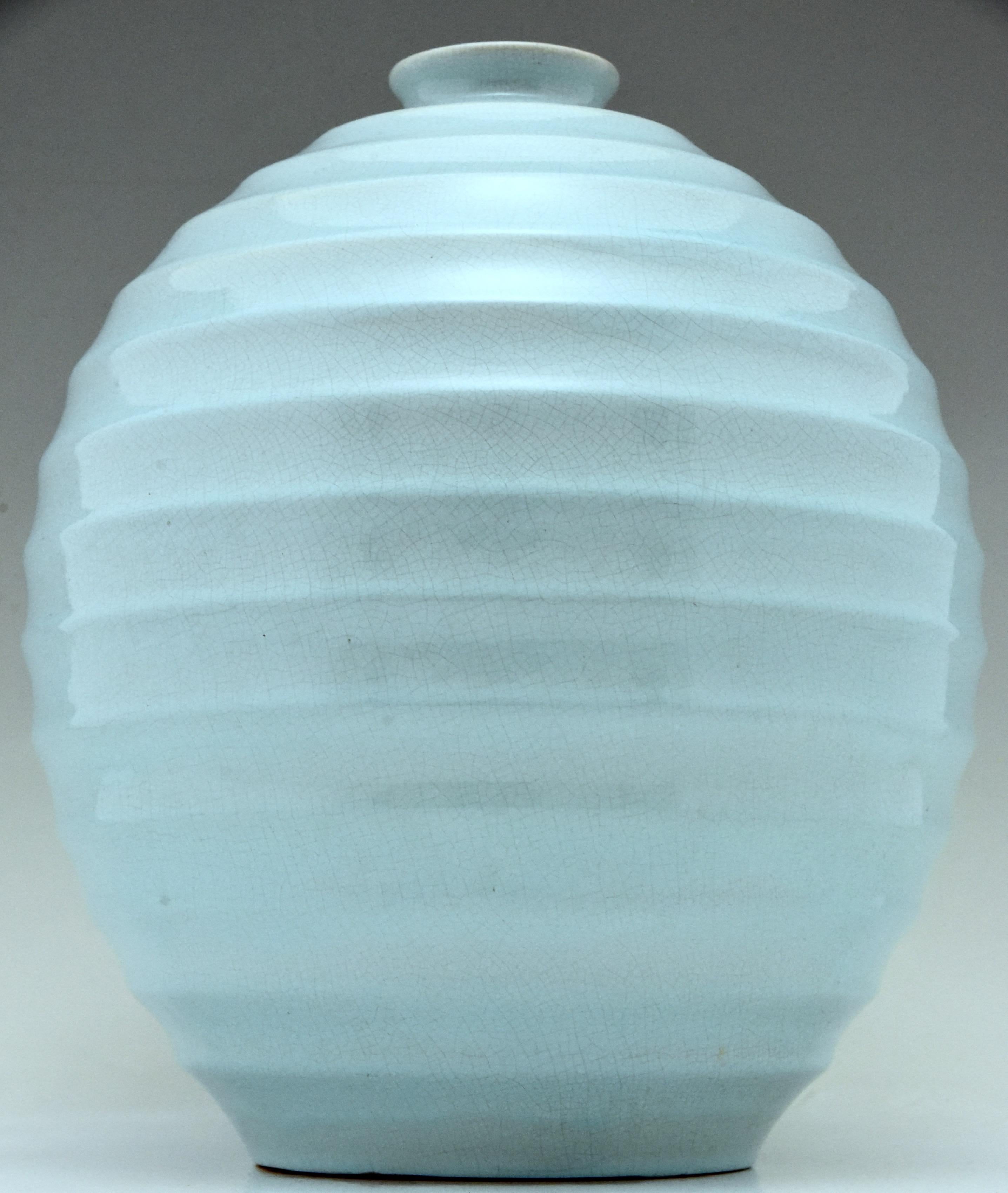 Glazed Tall Art Deco Ceramic Spherical Vase Light Blue Villeroy & Boch 1930
