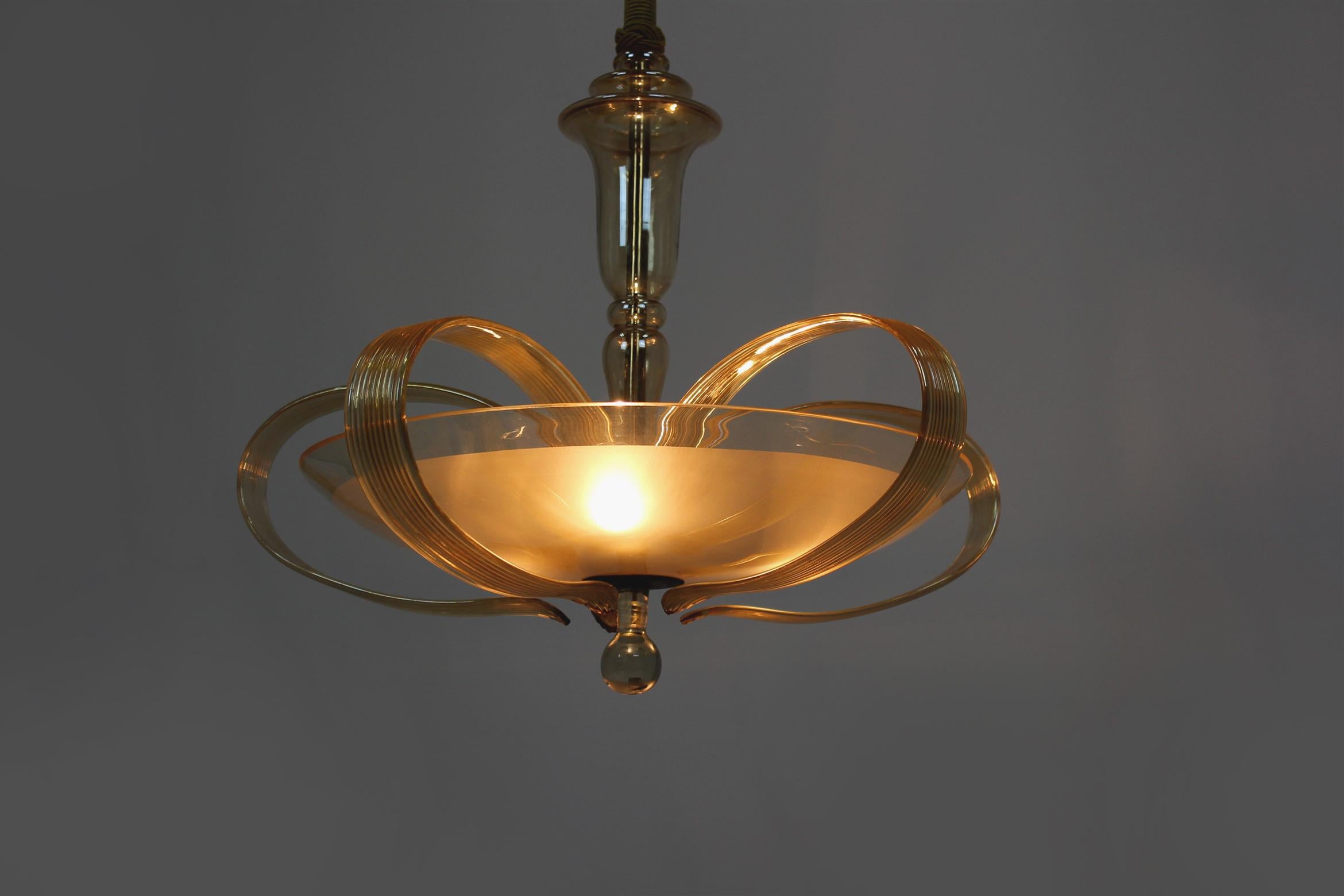 Tall Art Deco Curved Glass Chandelier from ESC Zukov, 1940s In Good Condition For Sale In Żory, PL