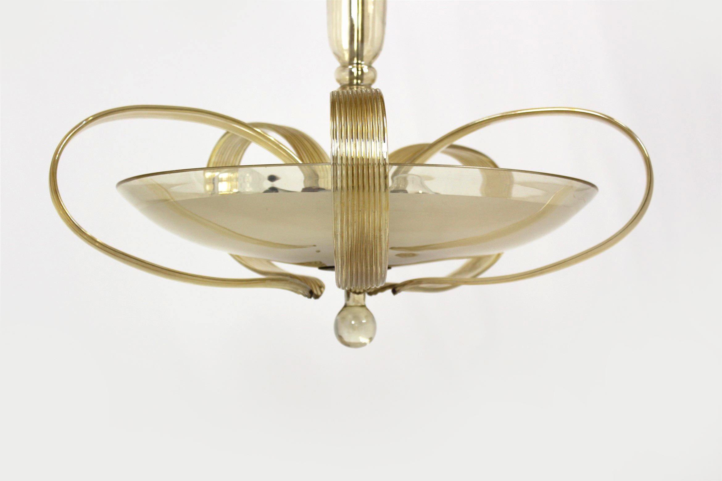 20th Century Tall Art Deco Curved Glass Chandelier from ESC Zukov, 1940s For Sale