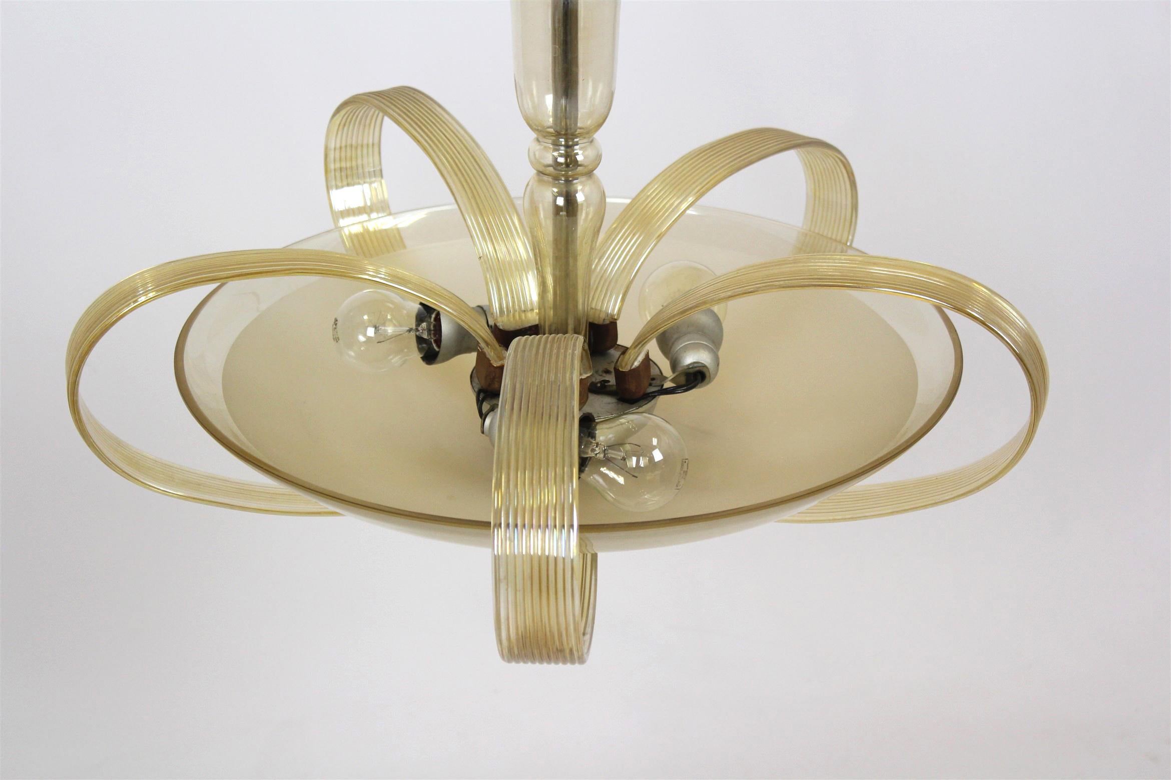 Tall Art Deco Curved Glass Chandelier from ESC Zukov, 1940s For Sale 1