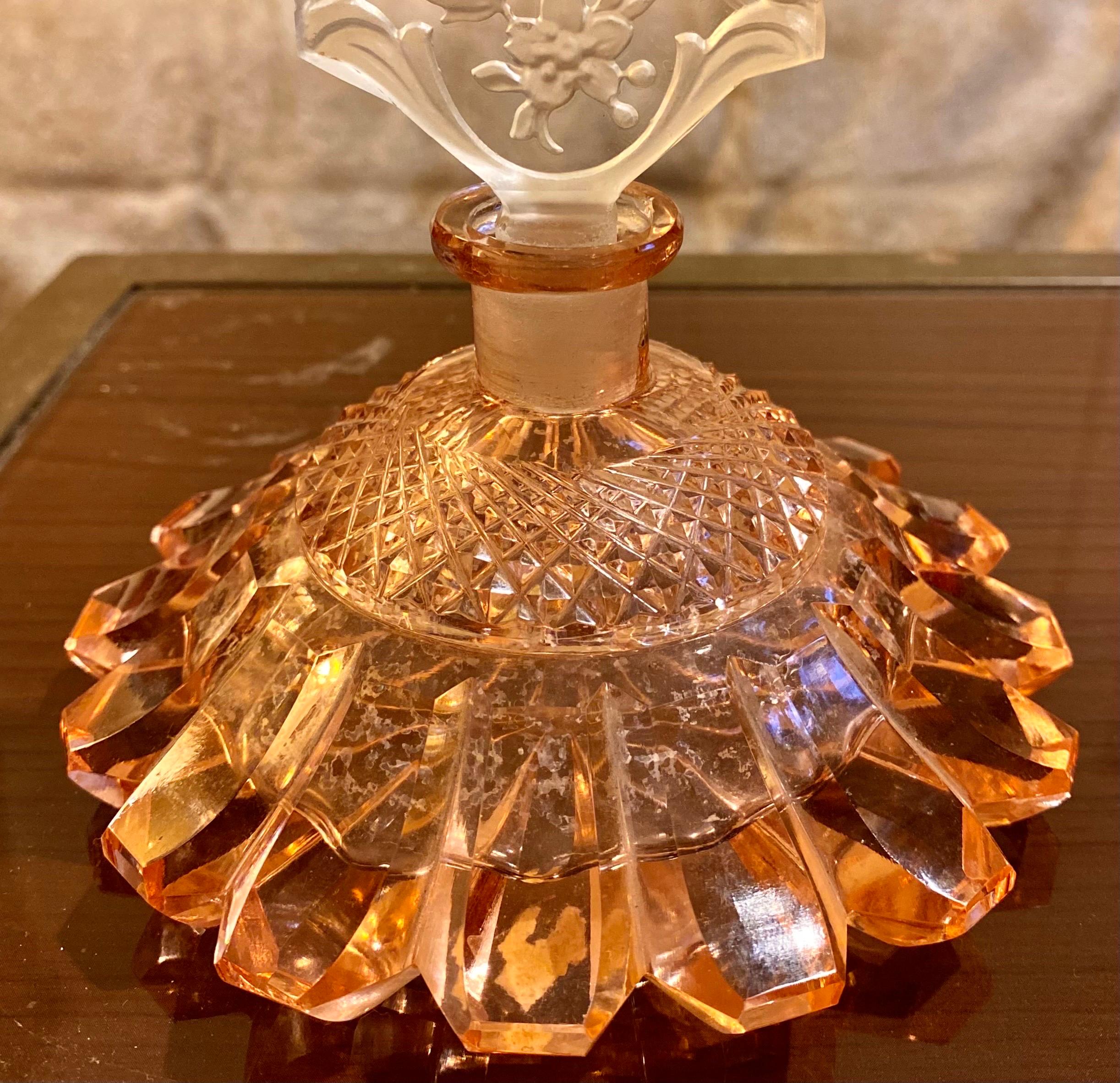 Tall Art Deco Czech Perfume Bottle in Peach Alexandrite Crystal  3