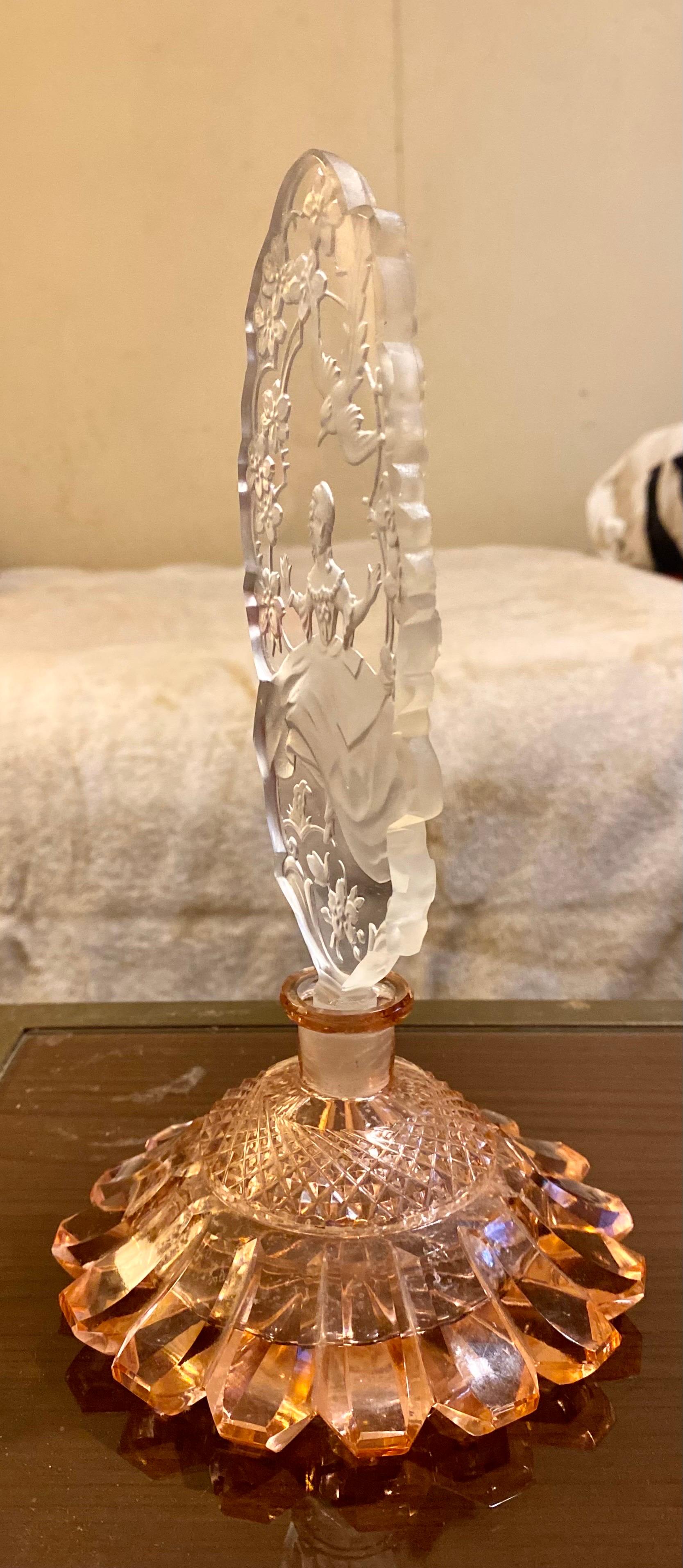 Tall Art Deco Czech Perfume Bottle in Peach Alexandrite Crystal  6
