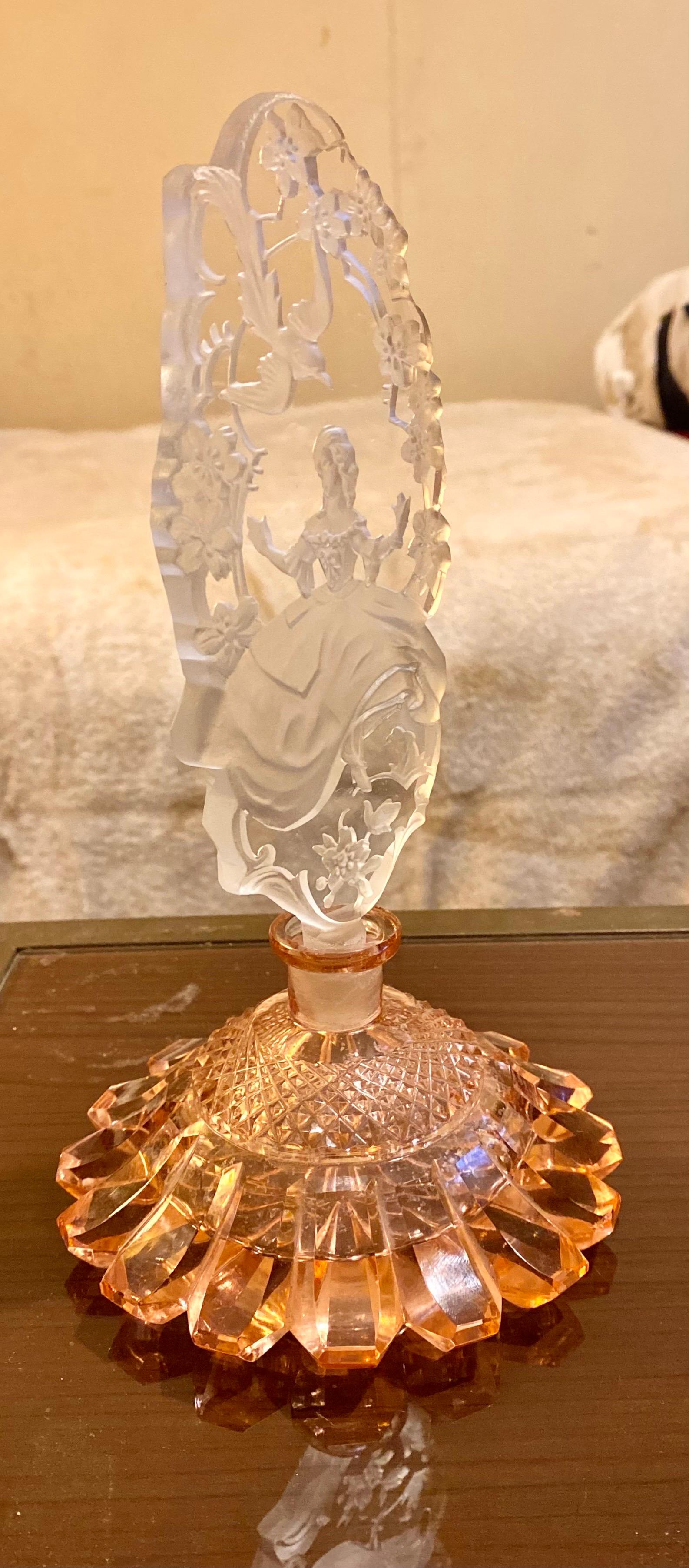 Tall Art Deco Czech Perfume Bottle in Peach Alexandrite Crystal  7