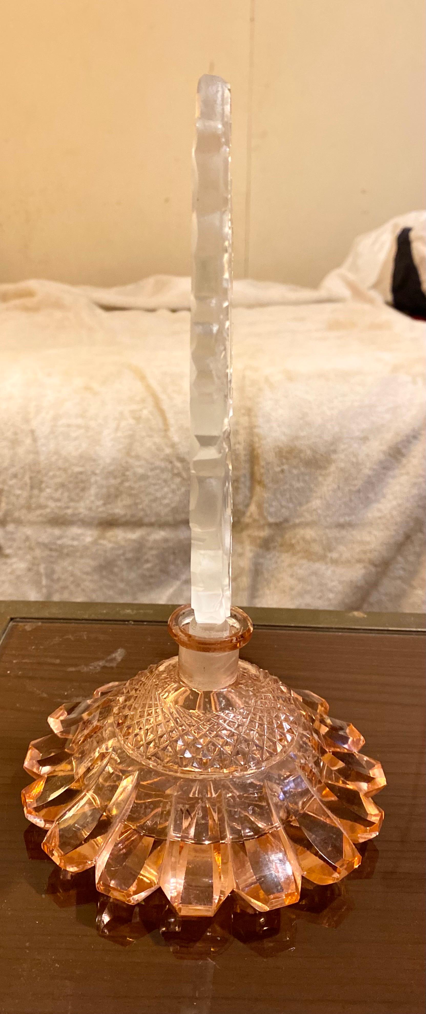 French Tall Art Deco Czech Perfume Bottle in Peach Alexandrite Crystal 