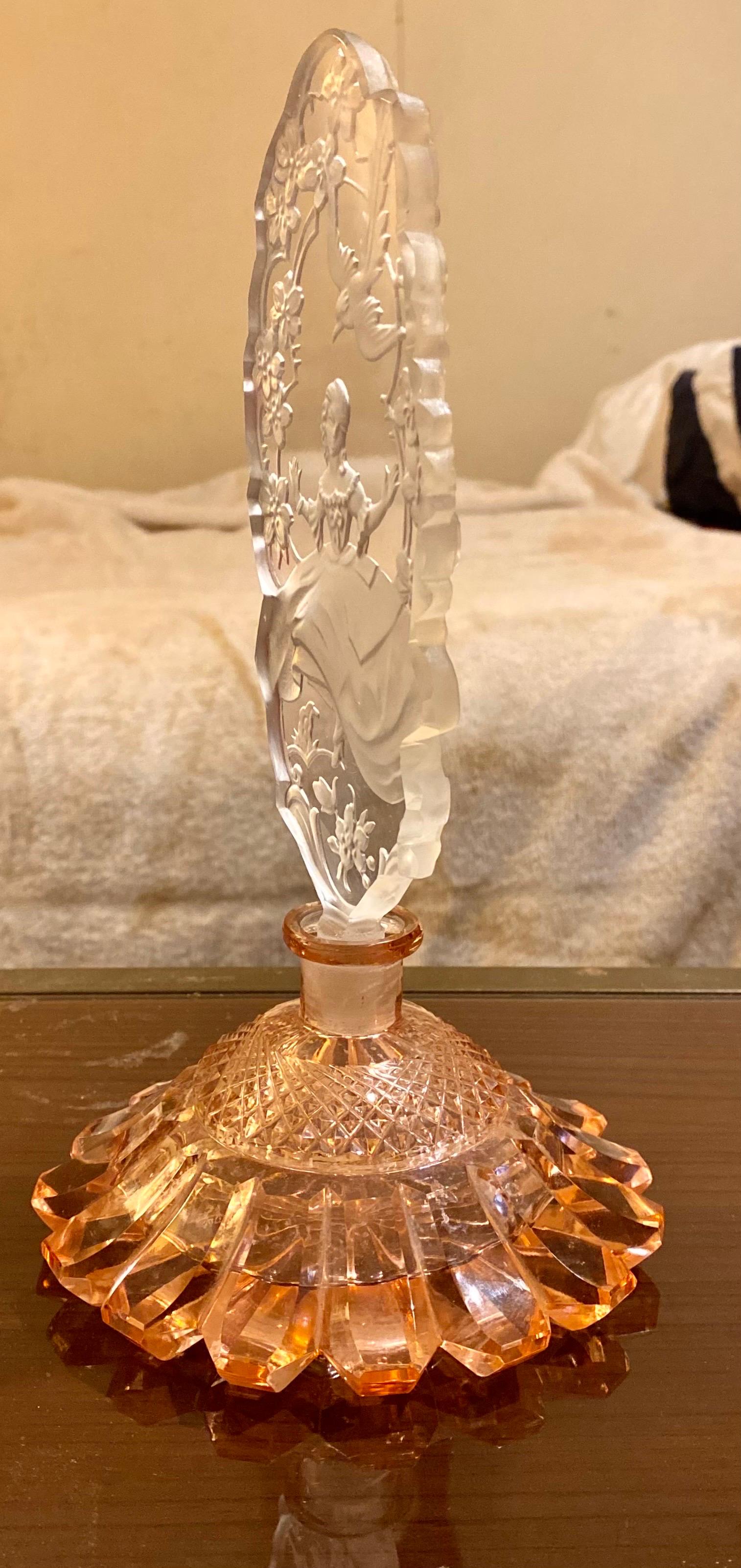 Hand-Carved Tall Art Deco Czech Perfume Bottle in Peach Alexandrite Crystal 