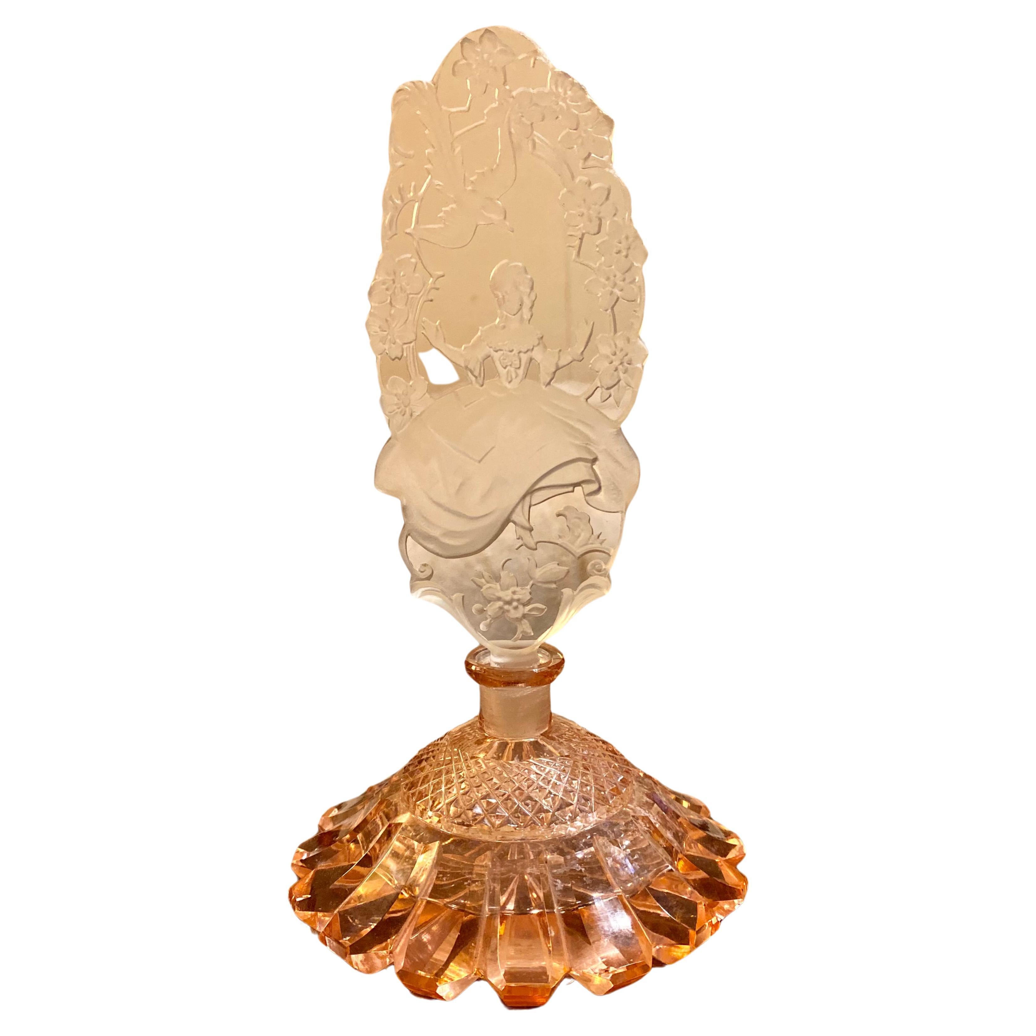 Tall Art Deco Czech Perfume Bottle in Peach Alexandrite Crystal 