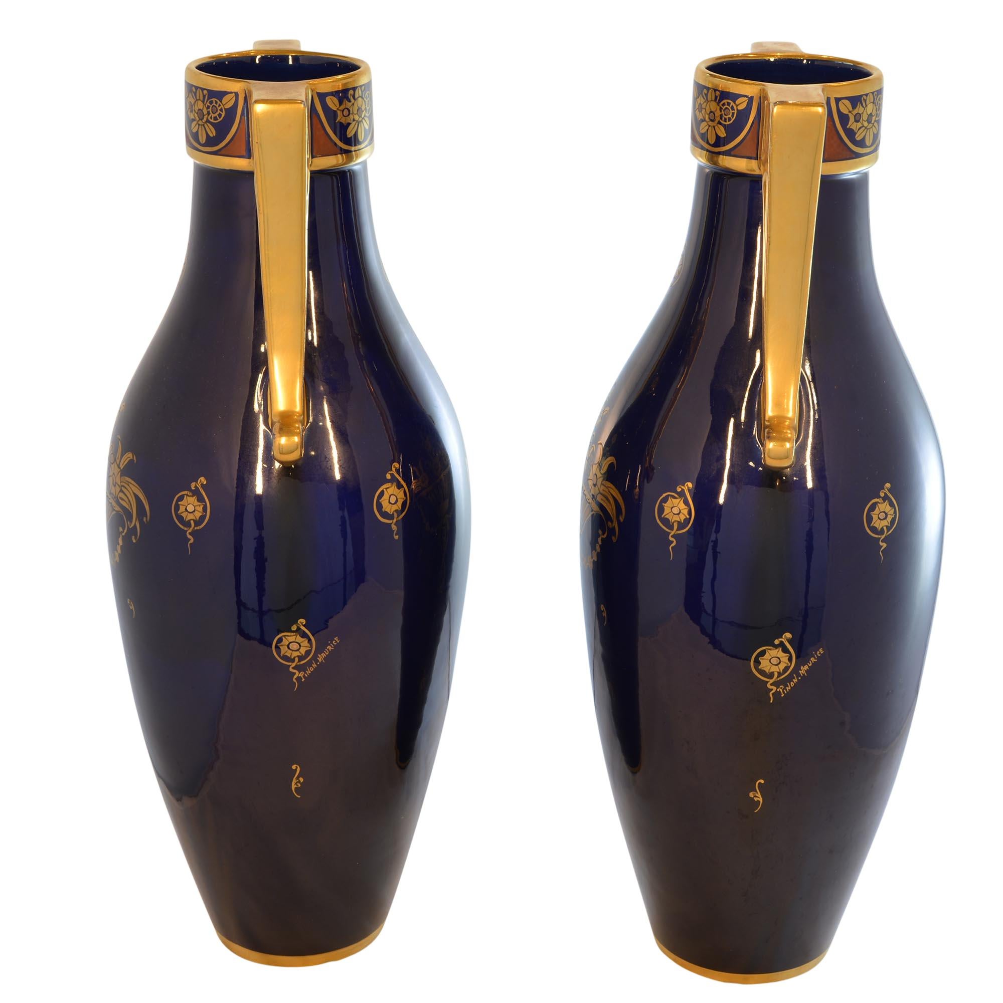 French Tall Art Deco Maurice Pinon Cobalt Blue Gold Vases Signed Numbered