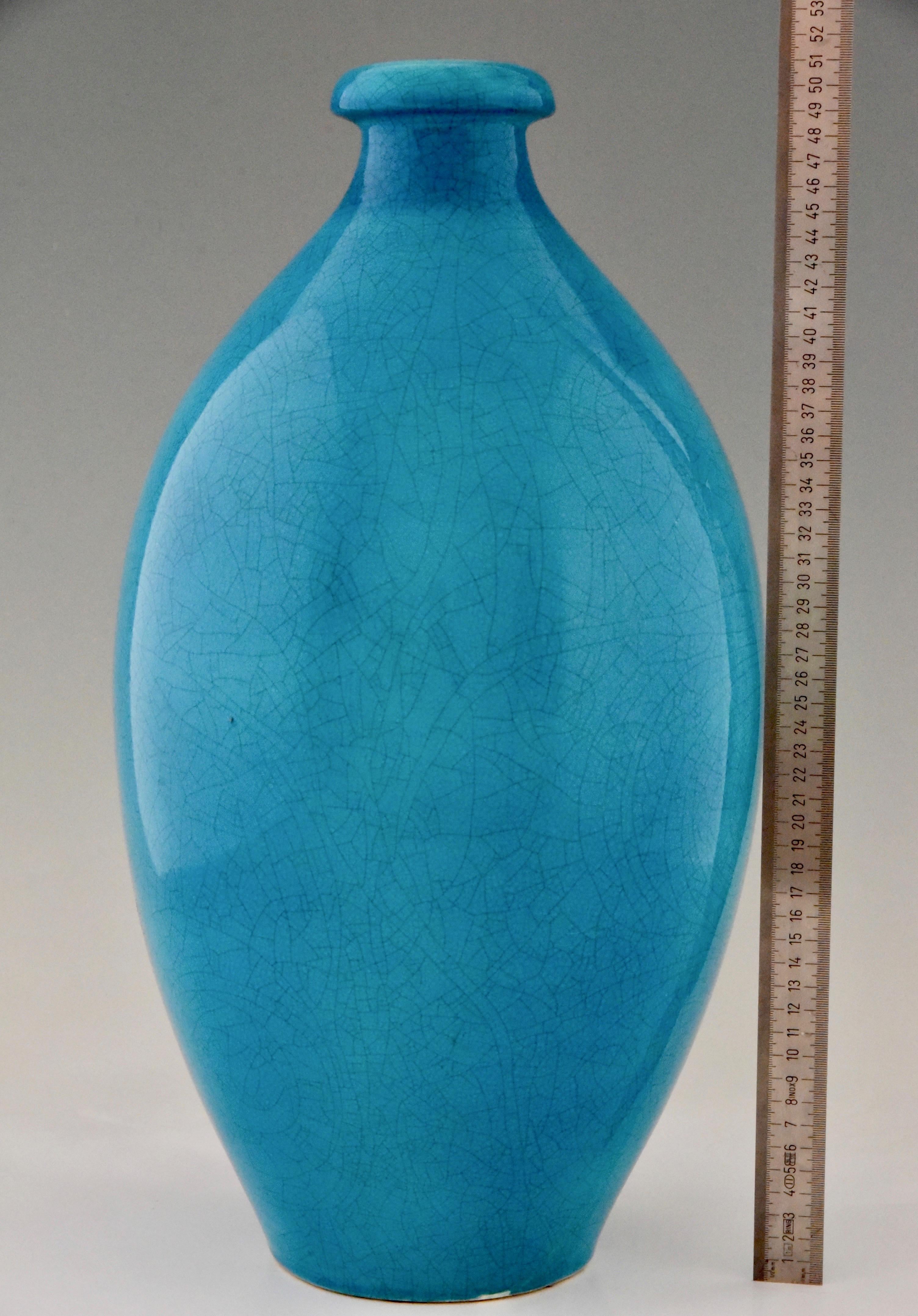 Tall Art Deco Vase Blue Craquelé Ceramic Boch Frères, Belgium, 1924 4