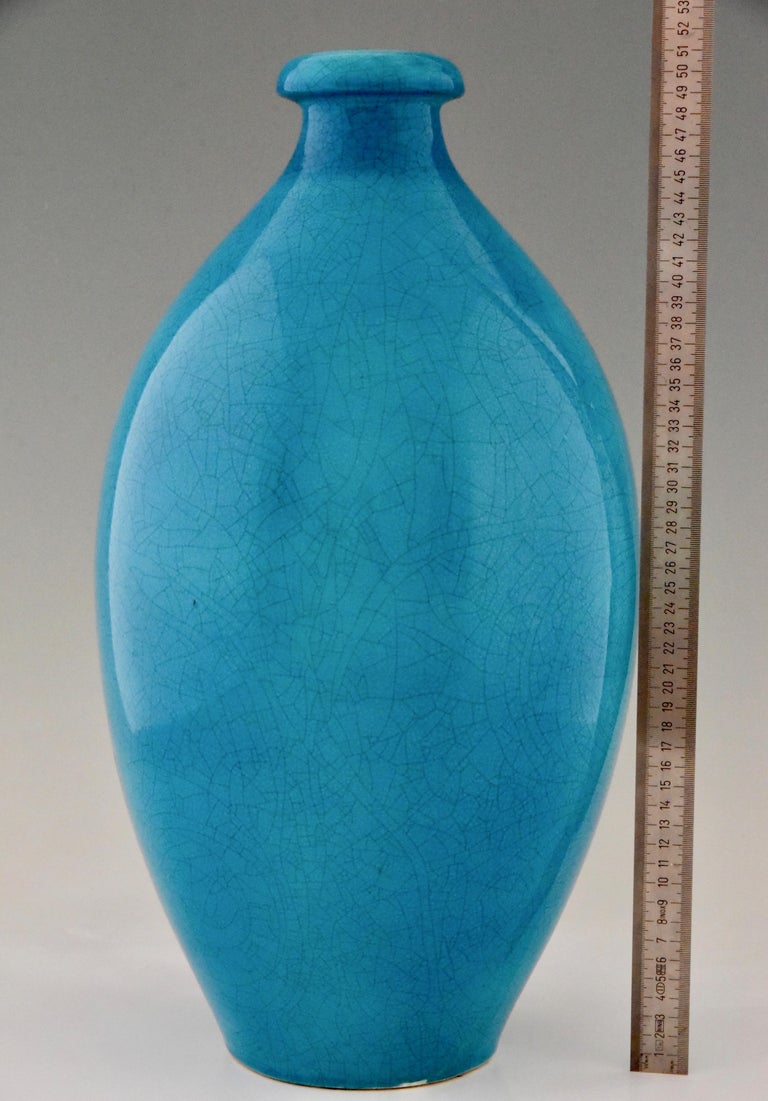 Tall Art Deco Vase Blue Craquelé Ceramic Boch Frères, Belgium, 1924 For Sale 4
