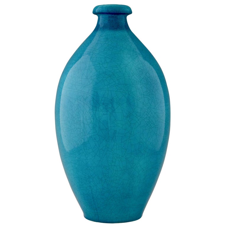 Belgian Tall Art Deco Vase Blue Craquelé Ceramic Boch Frères, Belgium, 1924 For Sale