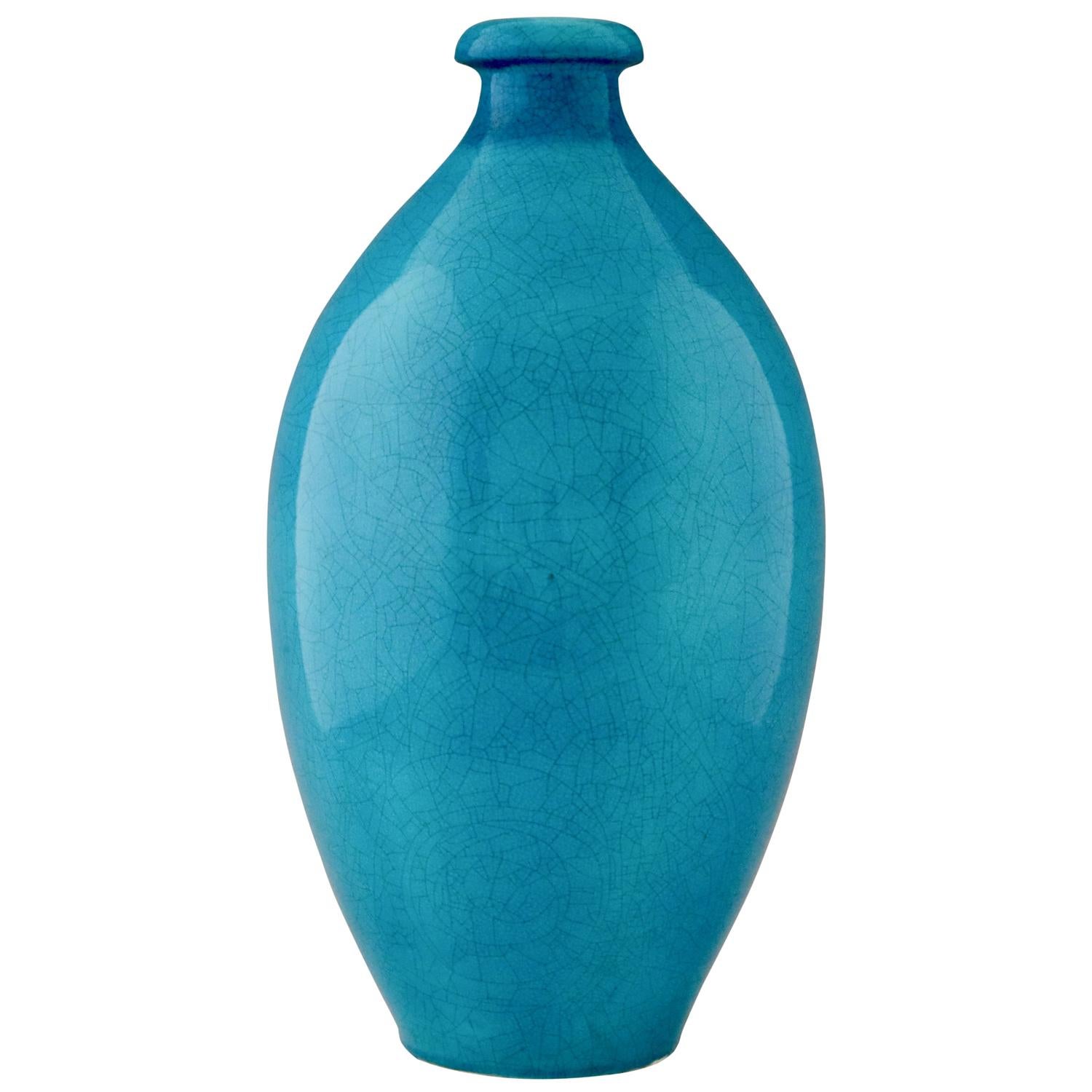 Glazed Tall Art Deco Vase Blue Craquelé Ceramic Boch Frères, Belgium, 1924