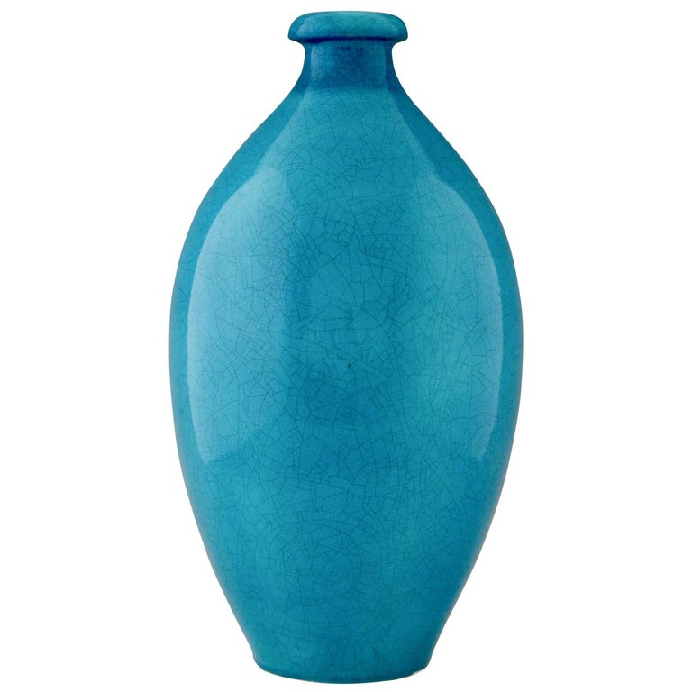 Glazed Tall Art Deco Vase Blue Craquelé Ceramic Boch Frères, Belgium, 1924 For Sale