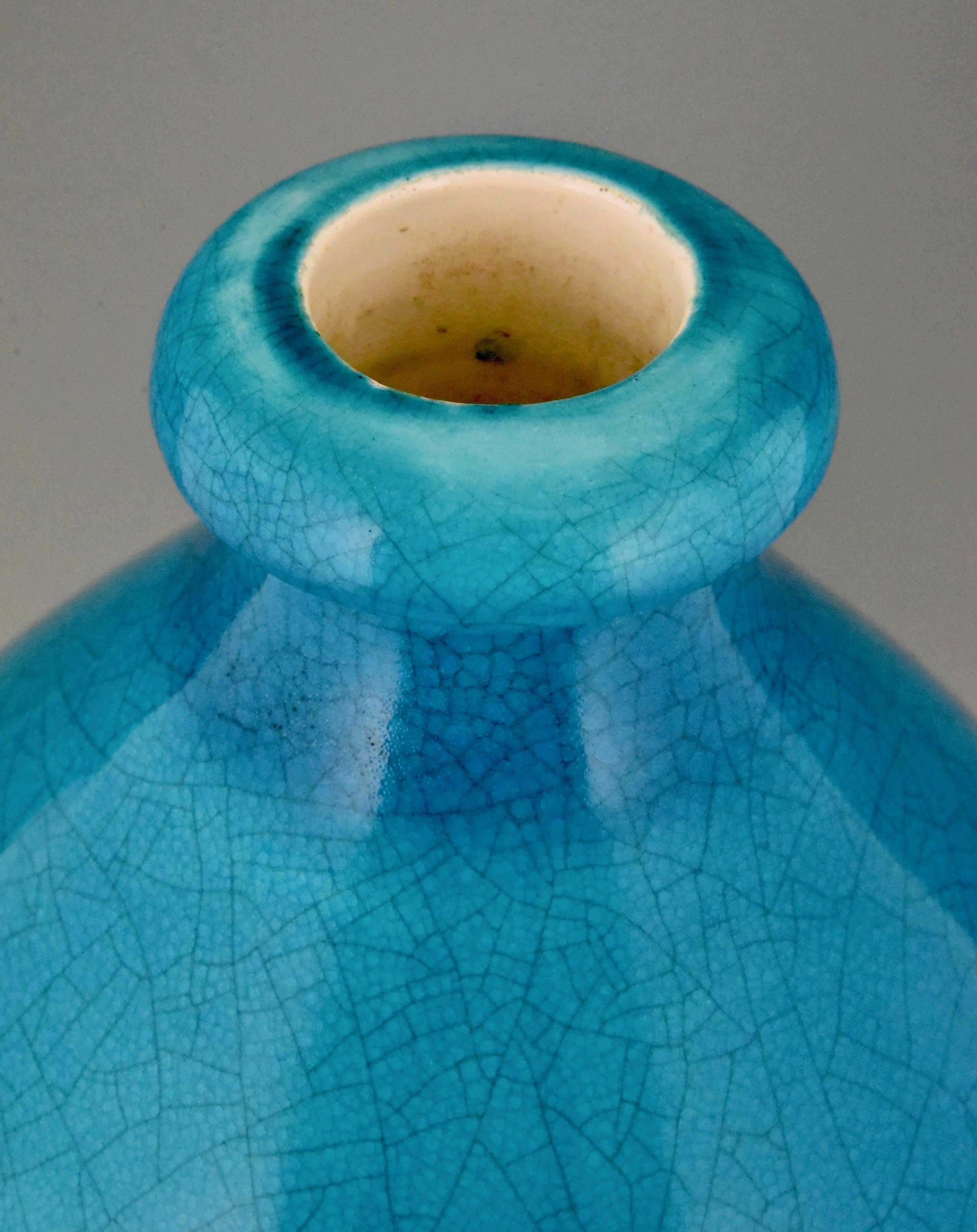 Tall Art Deco Vase Blue Craquelé Ceramic Boch Frères, Belgium, 1924 In Good Condition In Antwerp, BE
