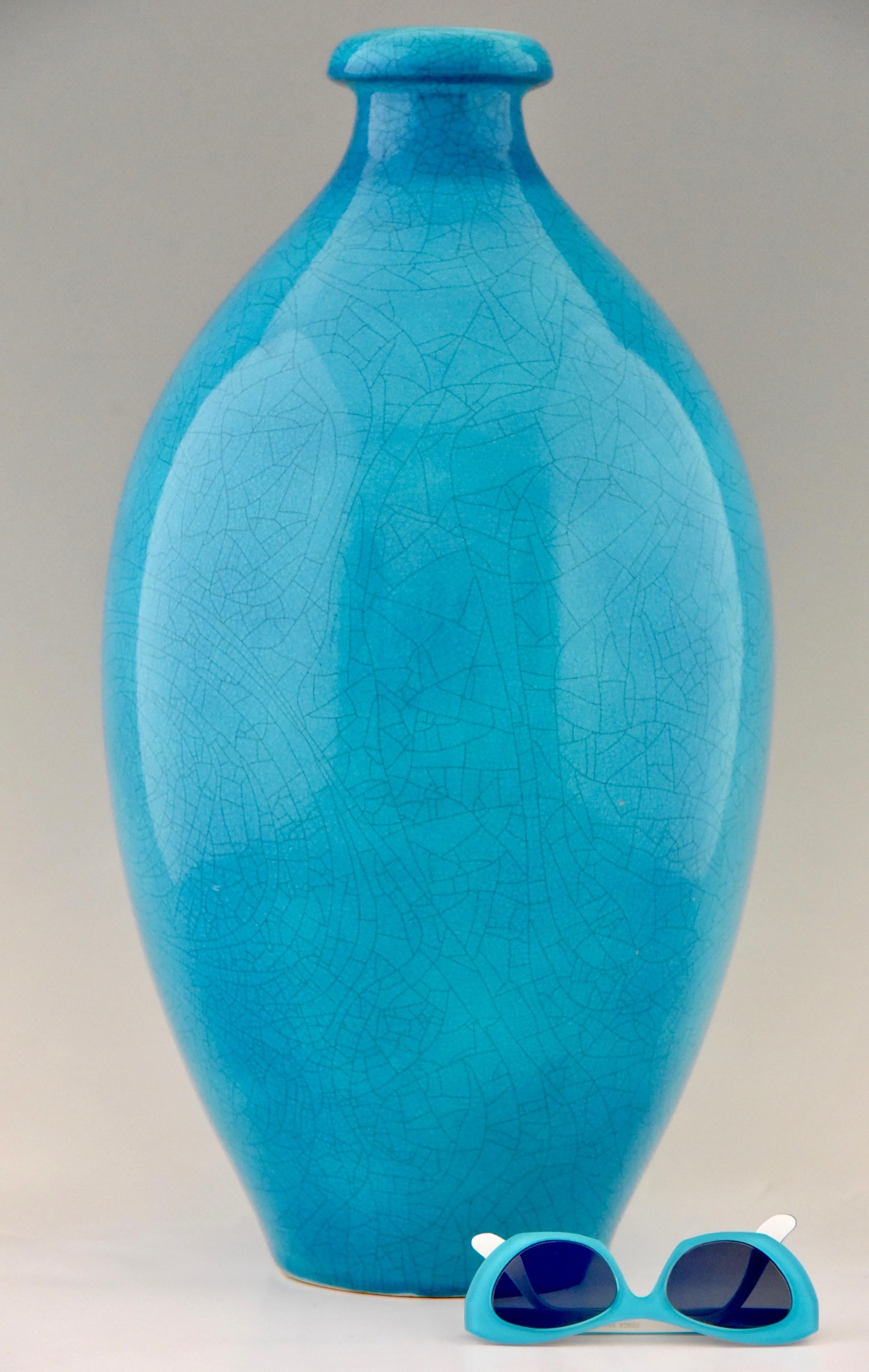 Tall Art Deco Vase Blue Craquelé Ceramic Boch Frères, Belgium, 1924 2
