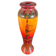 Tall Art Deco Vase Pyrography Vase Hand Painted, Signed K. Bowshall