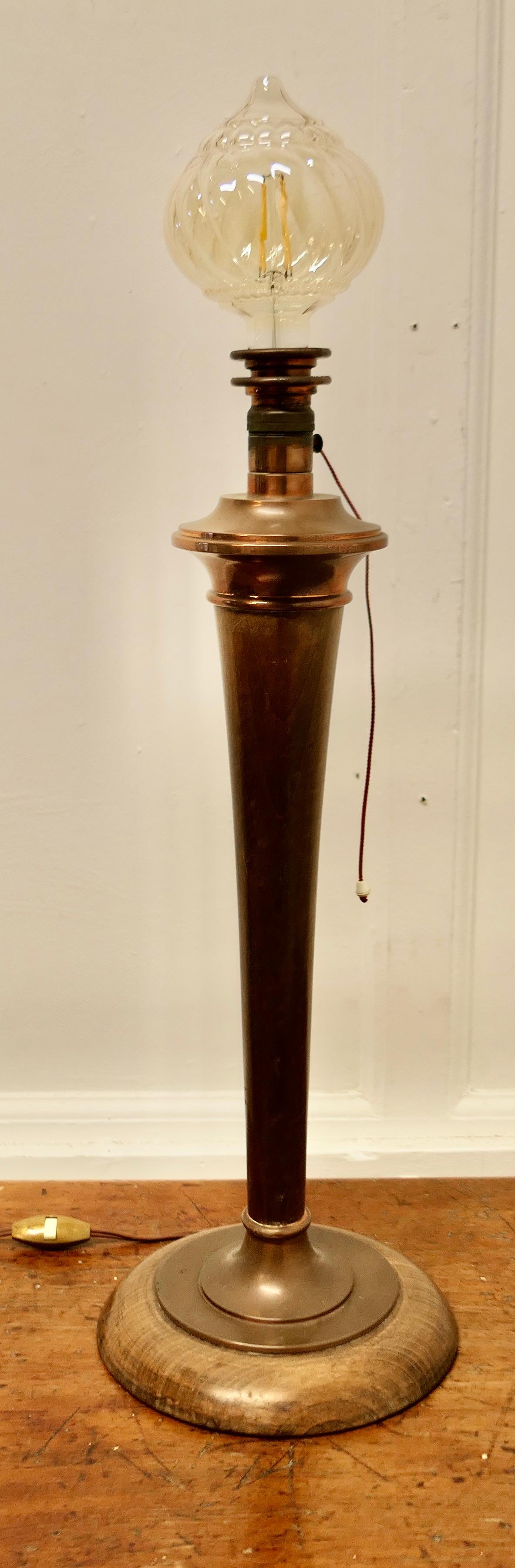 Tall Art Deco Walnut and Copper Table Lamp For Sale 2