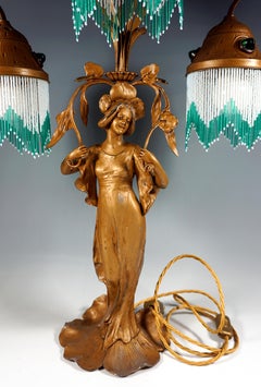 Tall Art Nouveau 3 Lights Table Lamp 'Flora', France, Around 1900