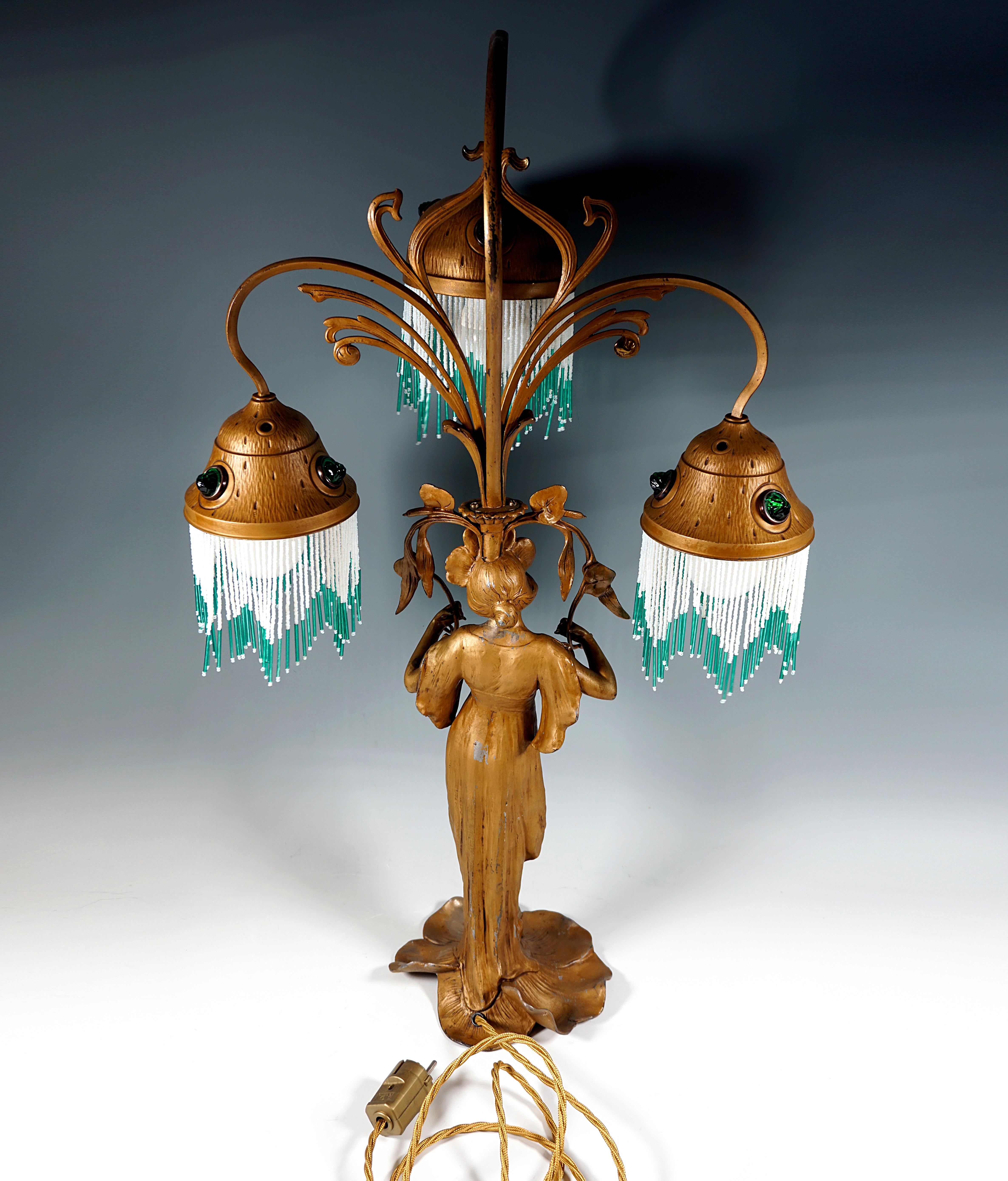 Patinated Tall Art Nouveau 3 Lights Table Lamp 'Flora', France, Around 1900 For Sale