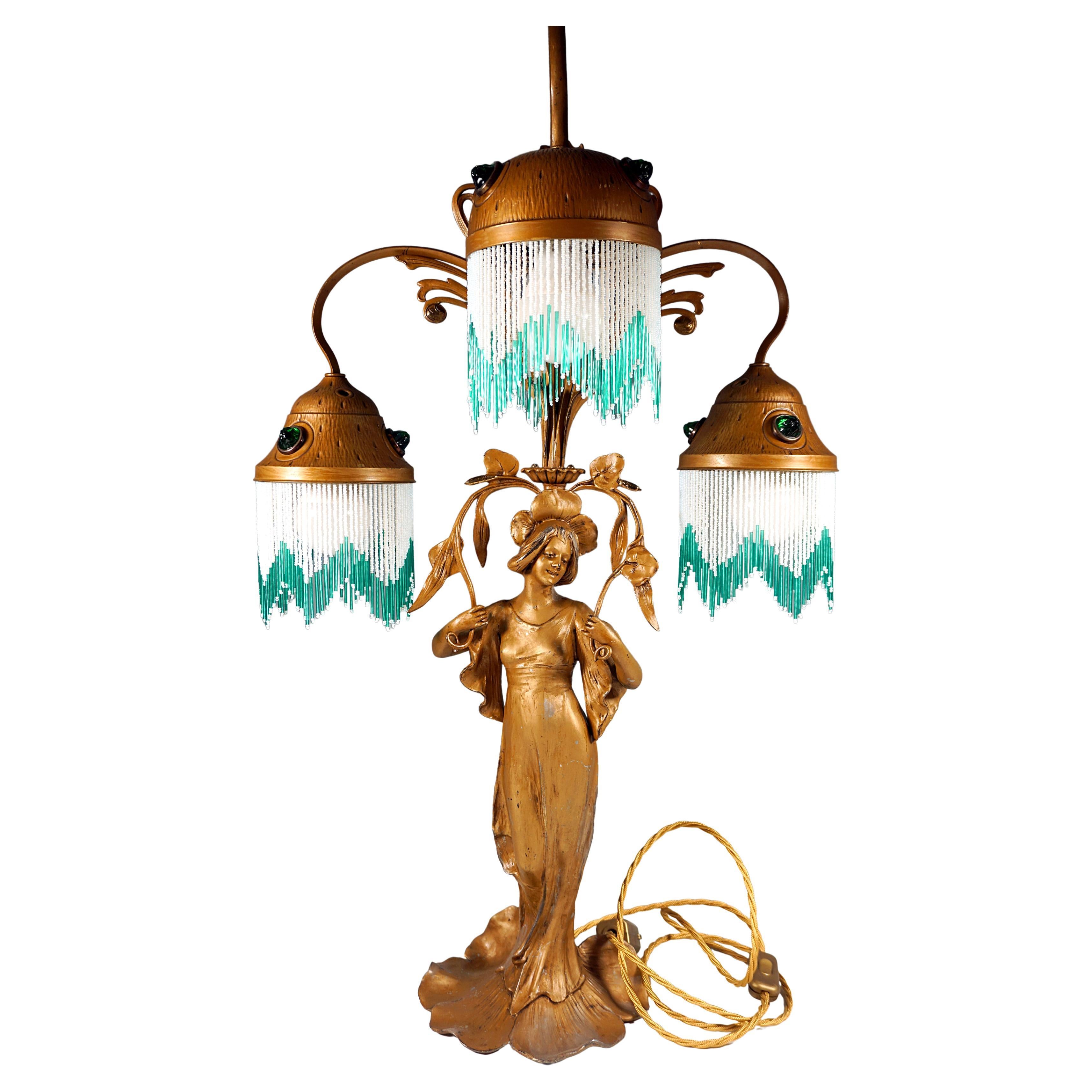 Grande lampe de bureau Art Nouveau à 3 éclairages « Flora », France, vers 1900 en vente