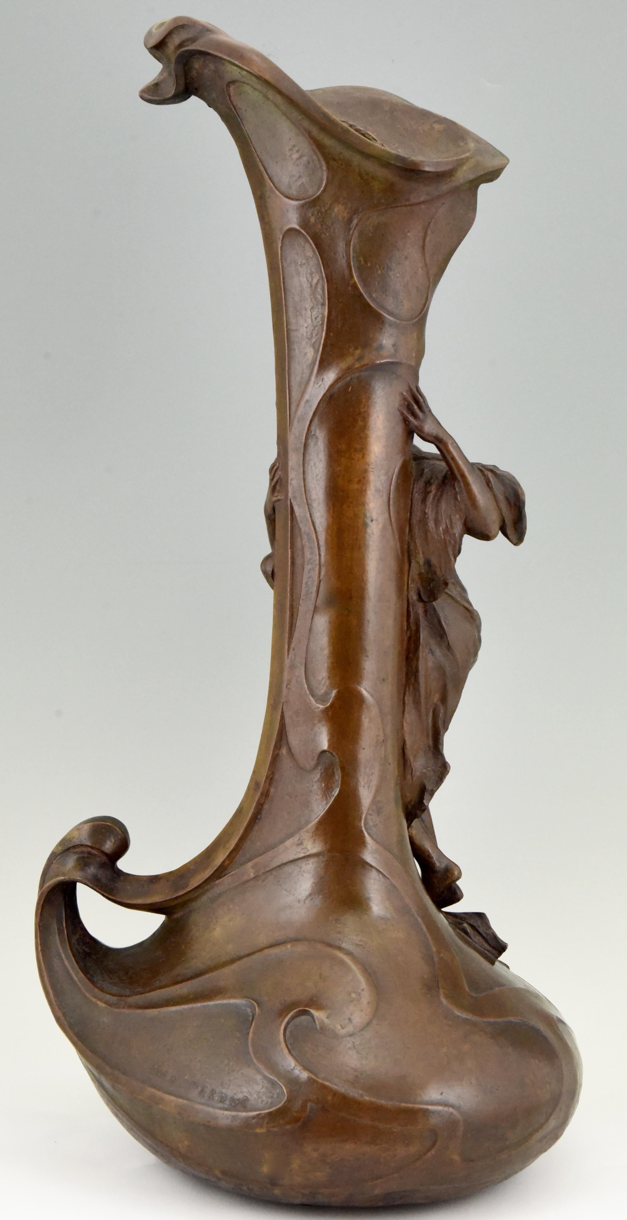 French Tall Art Nouveau Bronze Vase Lady at a Fountain Lucas Madrassi, France, 1900
