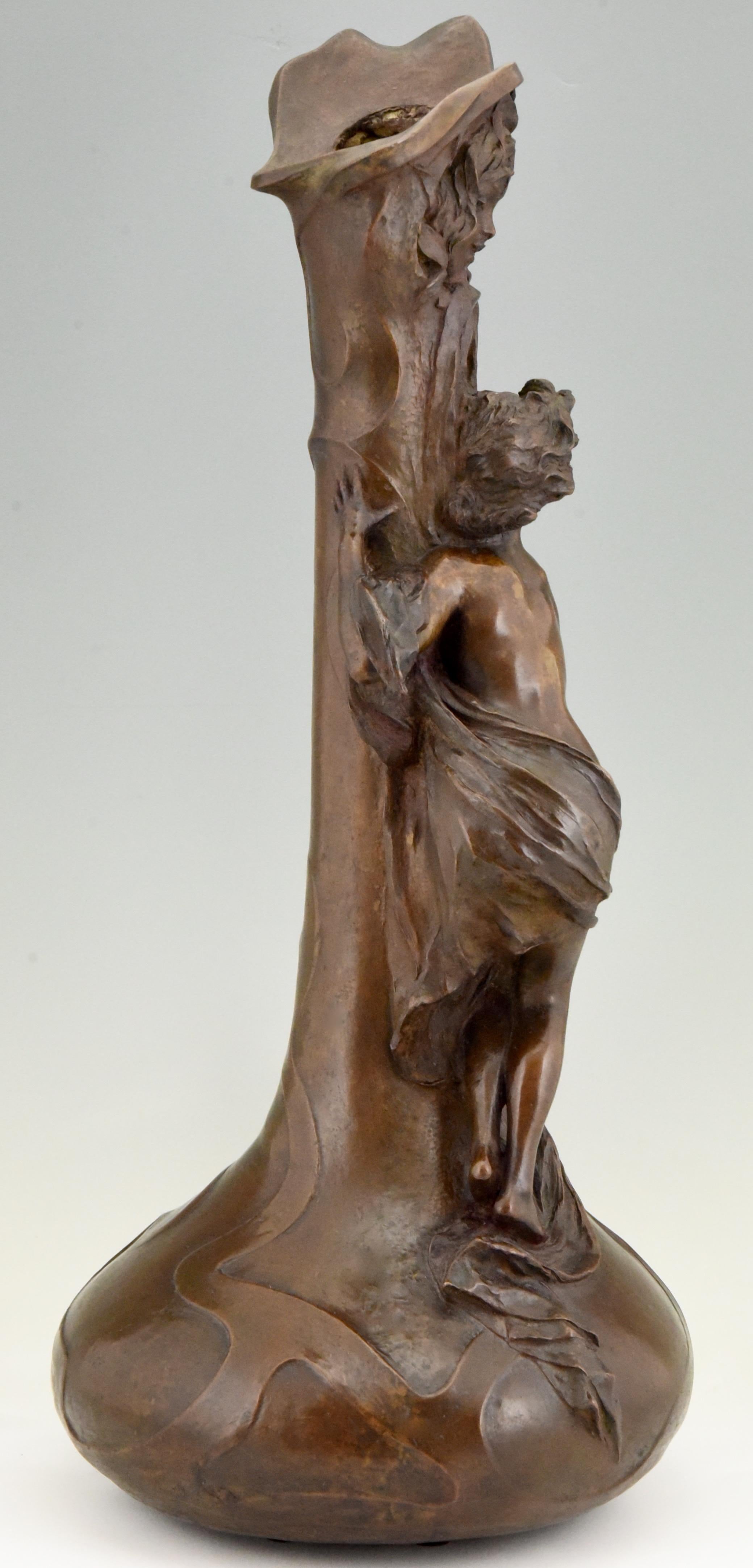 Patinated Tall Art Nouveau Bronze Vase Lady at a Fountain Lucas Madrassi, France, 1900